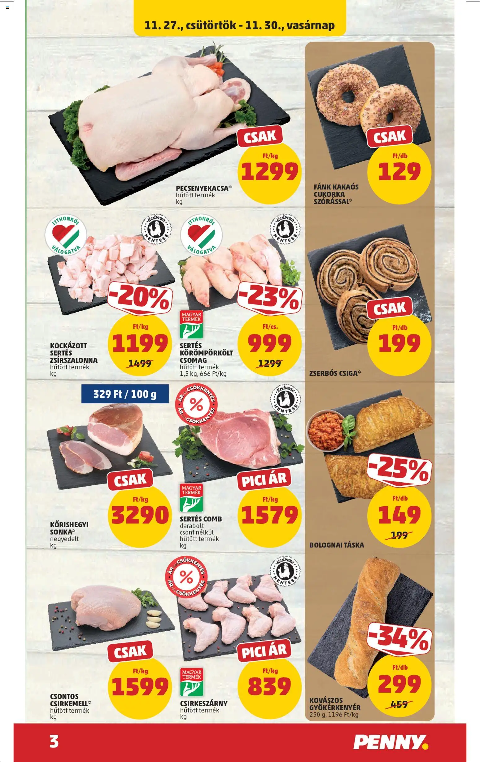 PENNY akciós ujság - amely érvényes a következő dátumtól: 27.11.2025 | Oldal: 3 | Termékek: Fánk, Táska, Cukorka, Csirkemell