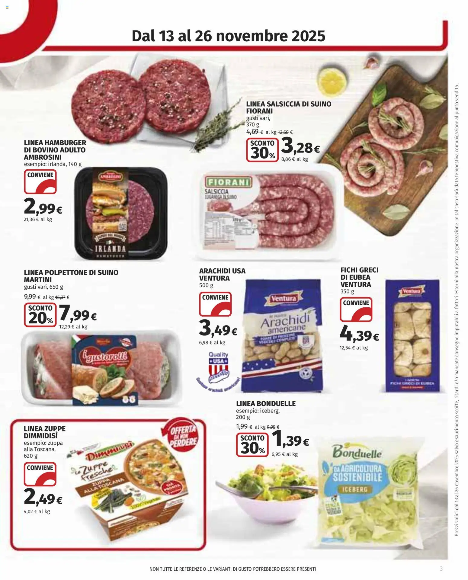 Volantino COOP del 13.11.2025 | Pagina: 3 | Prodotti: Salsiccia, Data, Arachidi, Hamburger