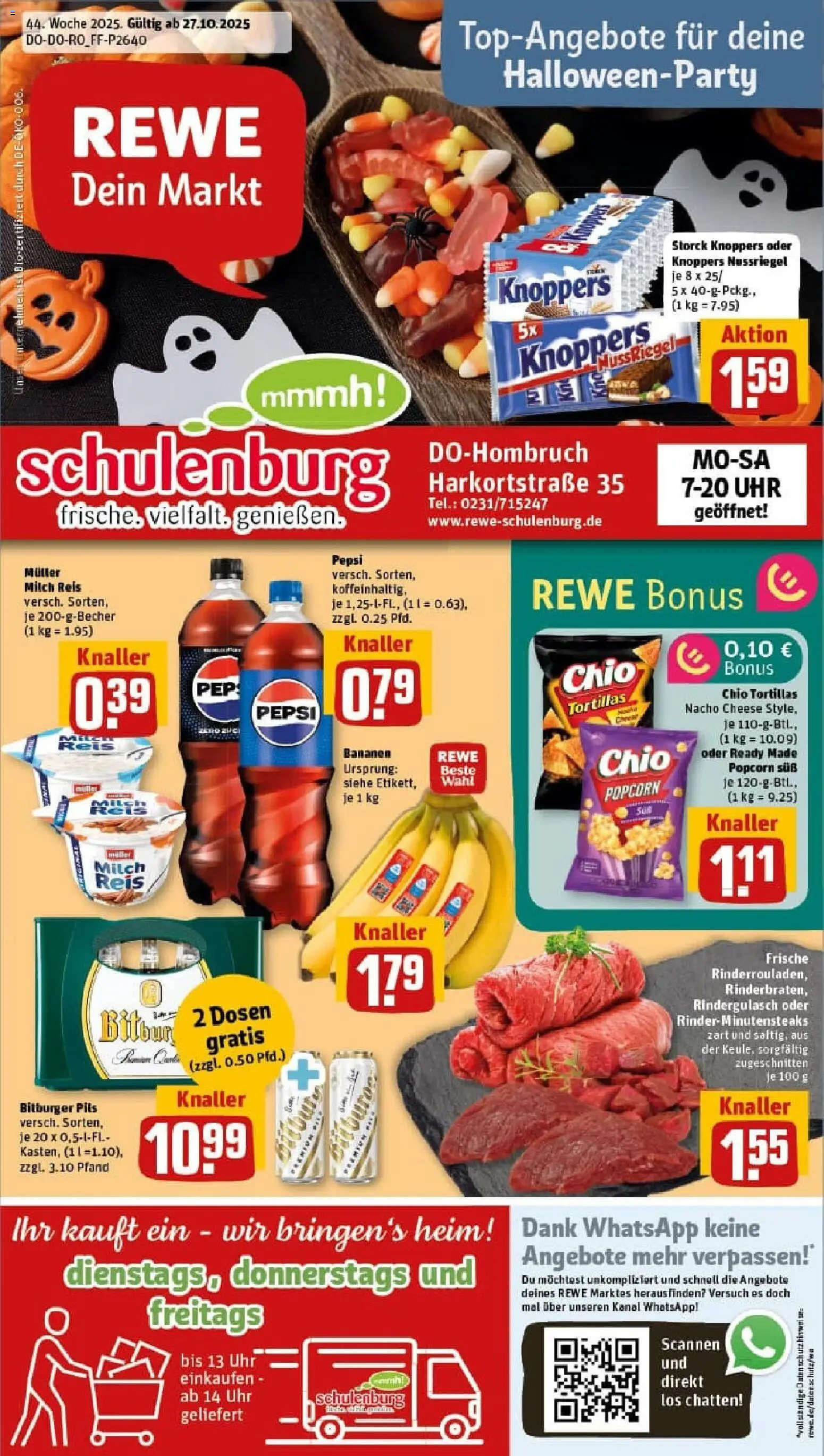 Rewe prospekt Dortmund	 – gültig ab 26.10.2025 | Seite: 1 | Produkte: Pils, Pudding, Chio tortillas, Uhr