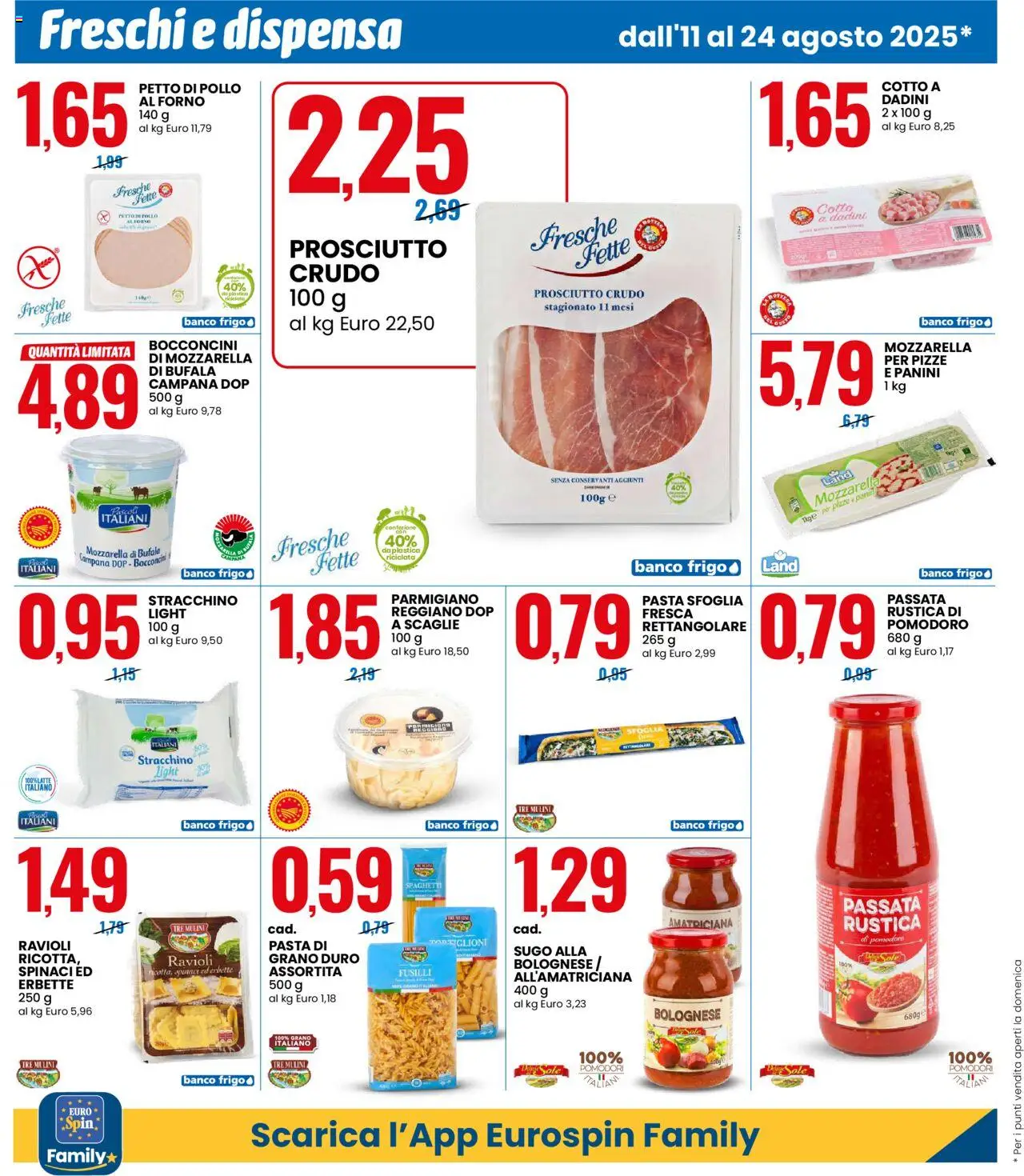 Volantino Eurospin del 11.08.2025 | Pagina: 2 | Prodotti: Petto di Pollo, Pollo, Pasta, Parmigiano