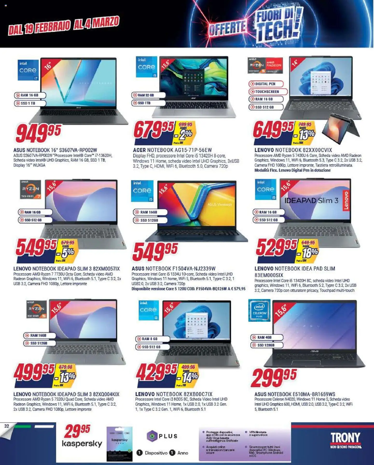 Volantino Trony del 19.02.2026 | Pagina: 32 | Prodotti: Notebook, PC, Tastiera, Video