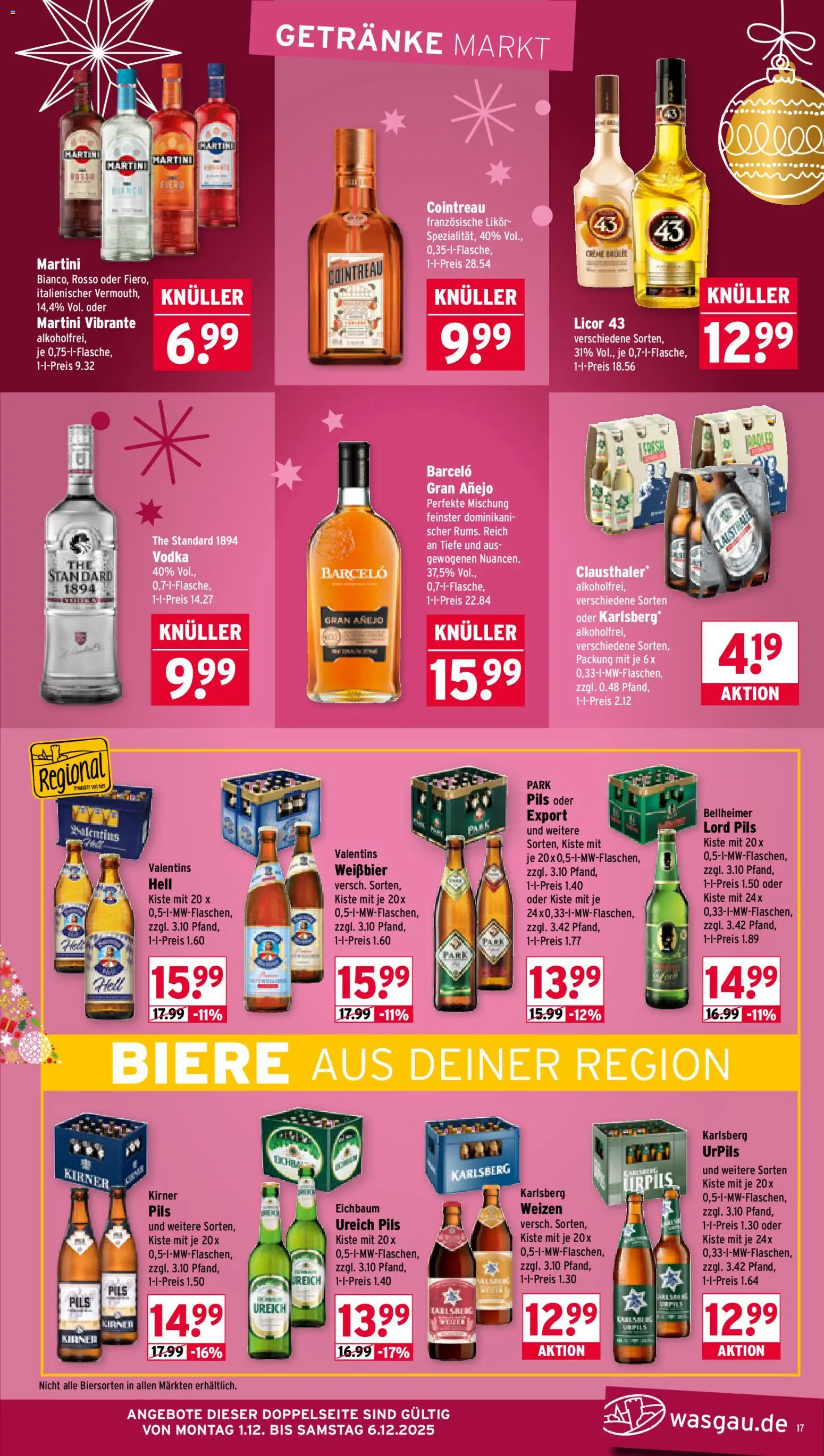 Wasgau Prospekt 	 – gültig ab 01.12.2025 | Seite: 17 | Produkte: Martini, Weißbier, Likör, Pils
