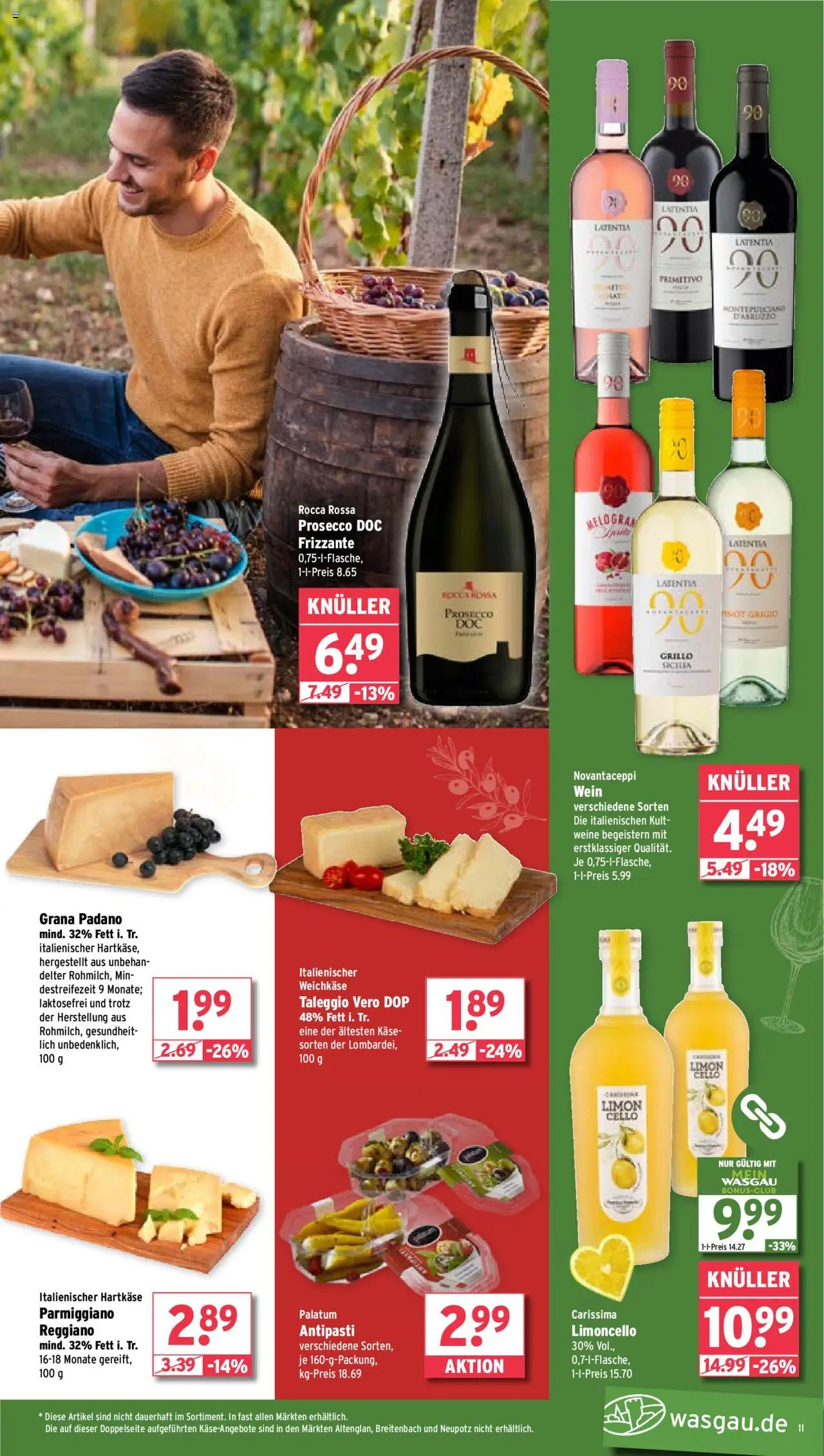Wasgau Prospekt 	 - gültig ab dem 18.08.2025 | Seite: 11 | Produkte: Käse, Prosecco, Limoncello, Wein