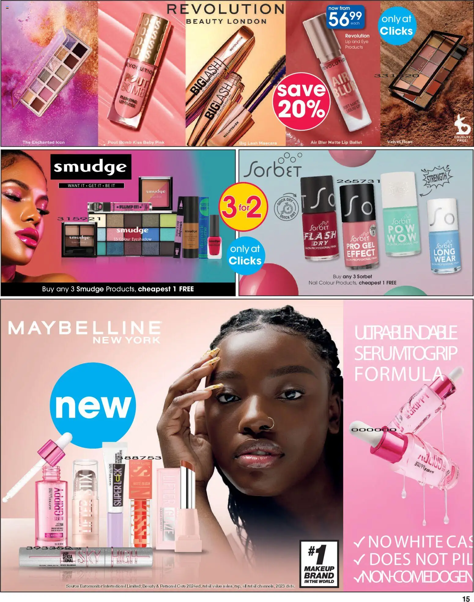 New Clicks catalogue – valid from 23.10.2025 | Page: 15 | Products: Serum, Gloss, Blush, Mascara