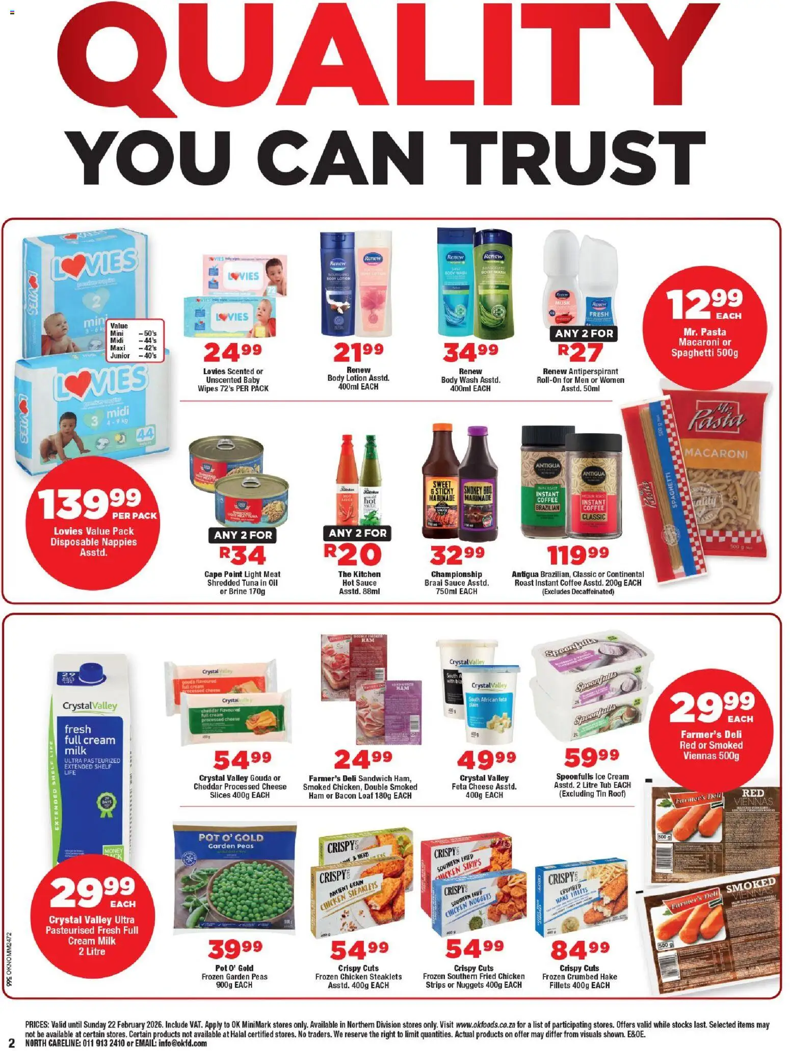New OK Foods catalogue – valid from 11.02.2026 | Page: 2 | Products: Milk, Oil, Antiperspirant, Lotion