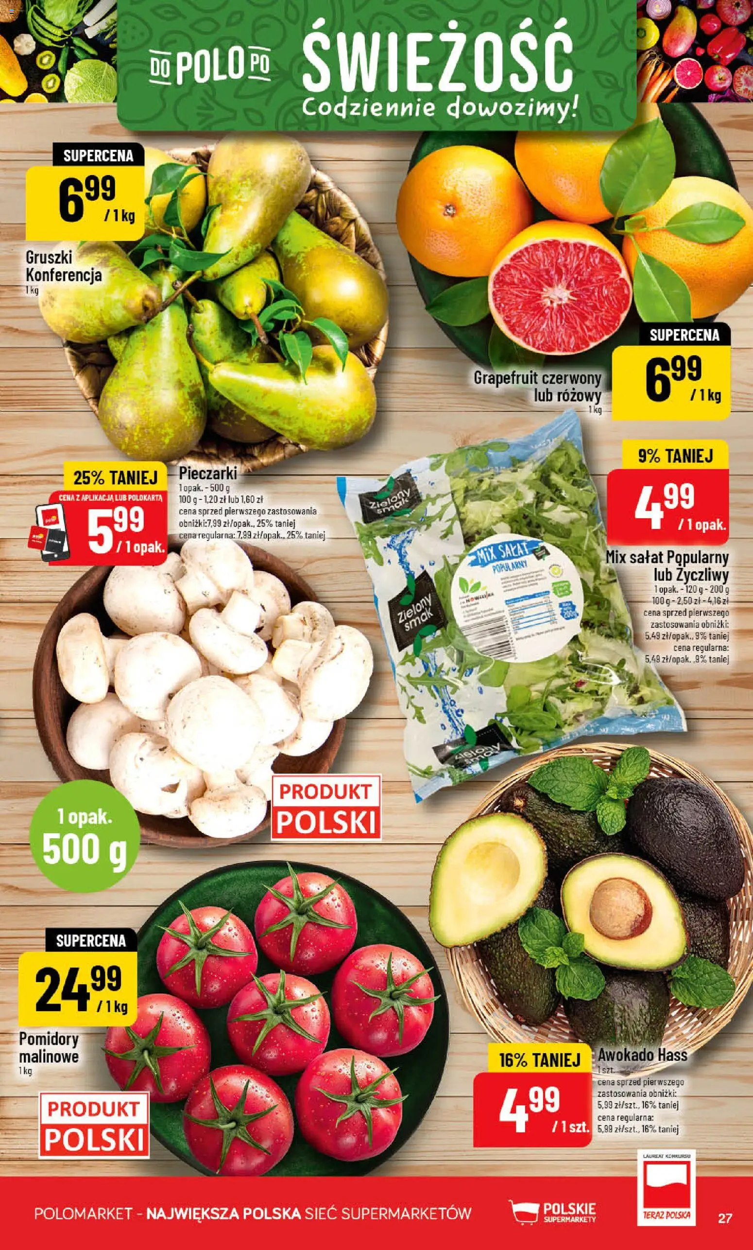 POLOmarket gazetka od 25.03.2026 | Strona: 27 | Produkty: Pieczarki, Pomidory malinowe, Mix sałat, Pomidory