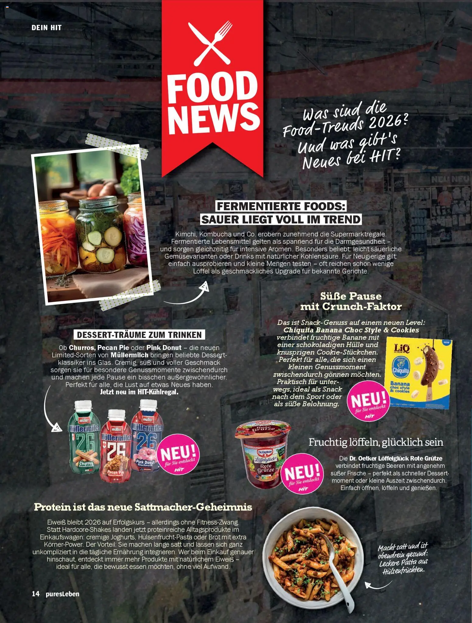 HIT pures Leben 02/2026 – gültig ab 14.04.2026 | Seite: 14 | Produkte: Pasta, Brot, Müllermilch, Muller mullermilch