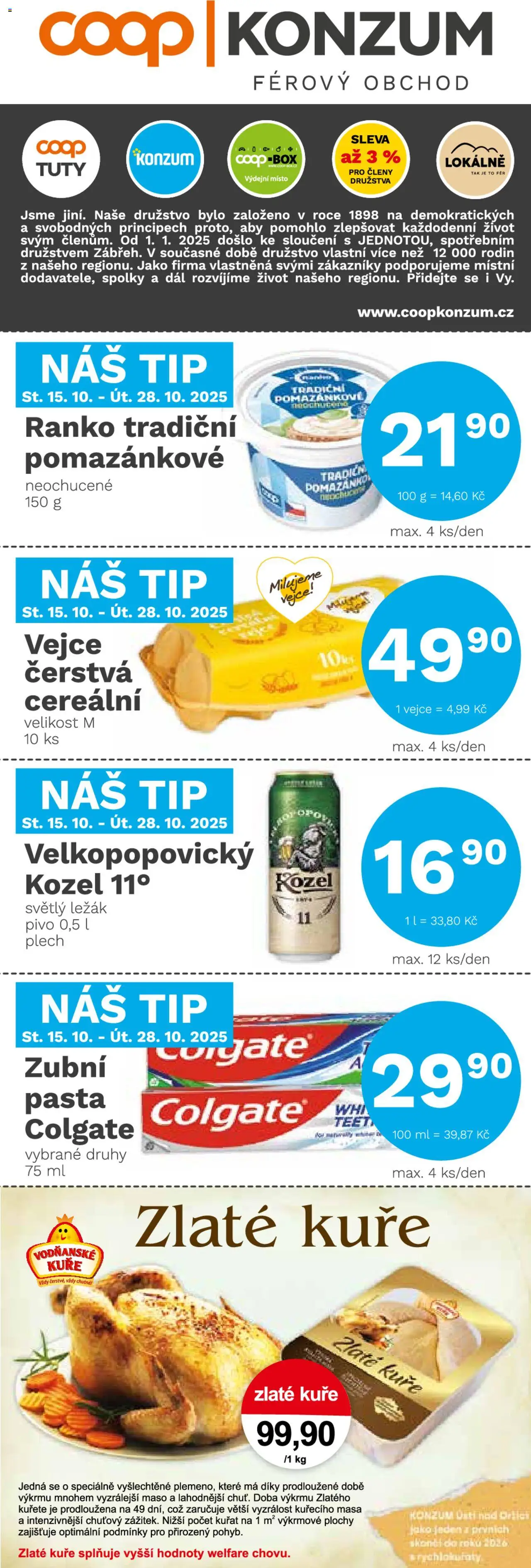 Konzum leták od 15.10.2025 | Strana: 1 | Produkty: Vejce, Kozel, Plech, Zlaté kuře
