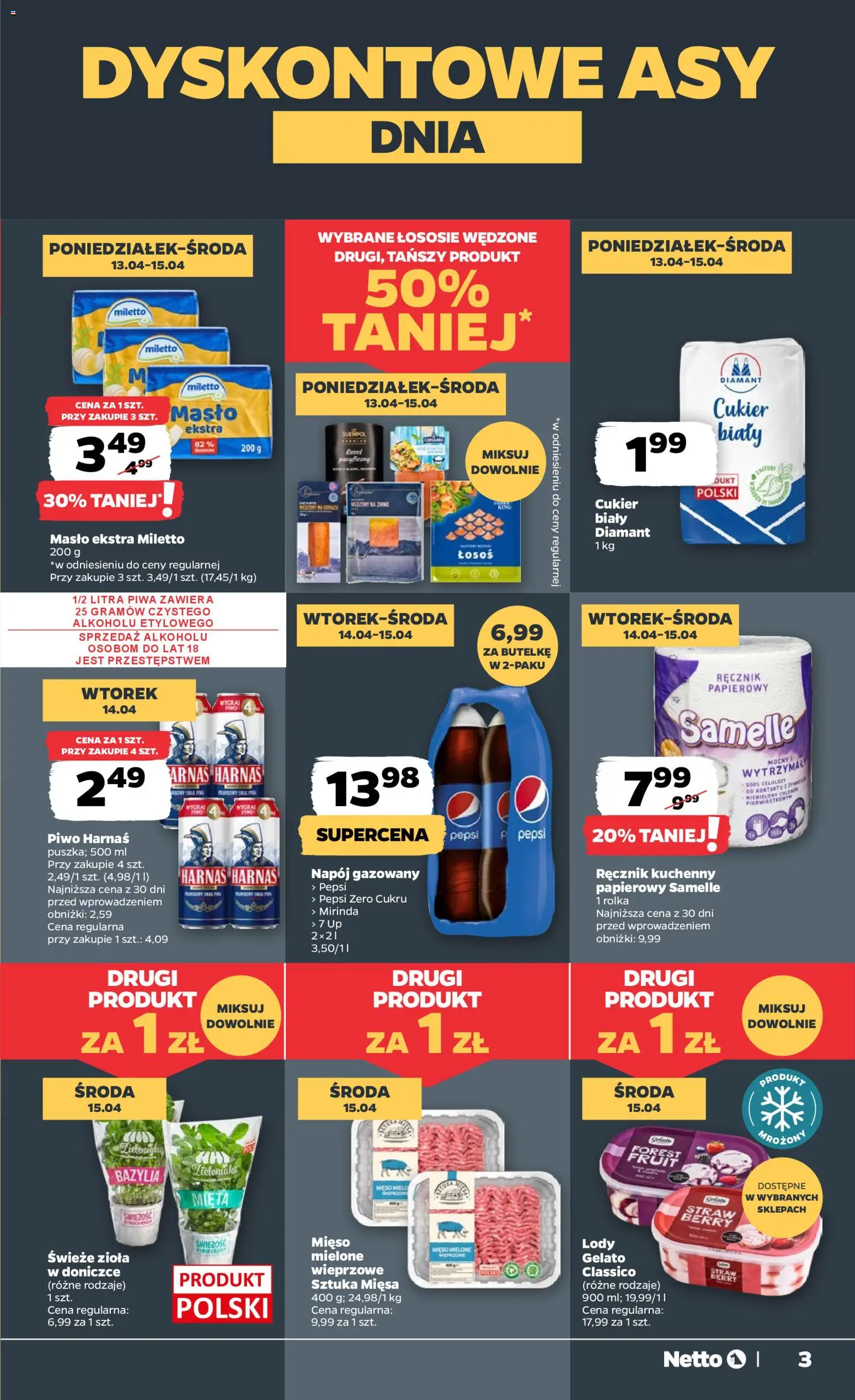 Netto gazetka od poniedziałku spożywcza od 13.04.2026 | Strona: 3 | Produkty: Mięso, Pepsi, Harnaś, Lody