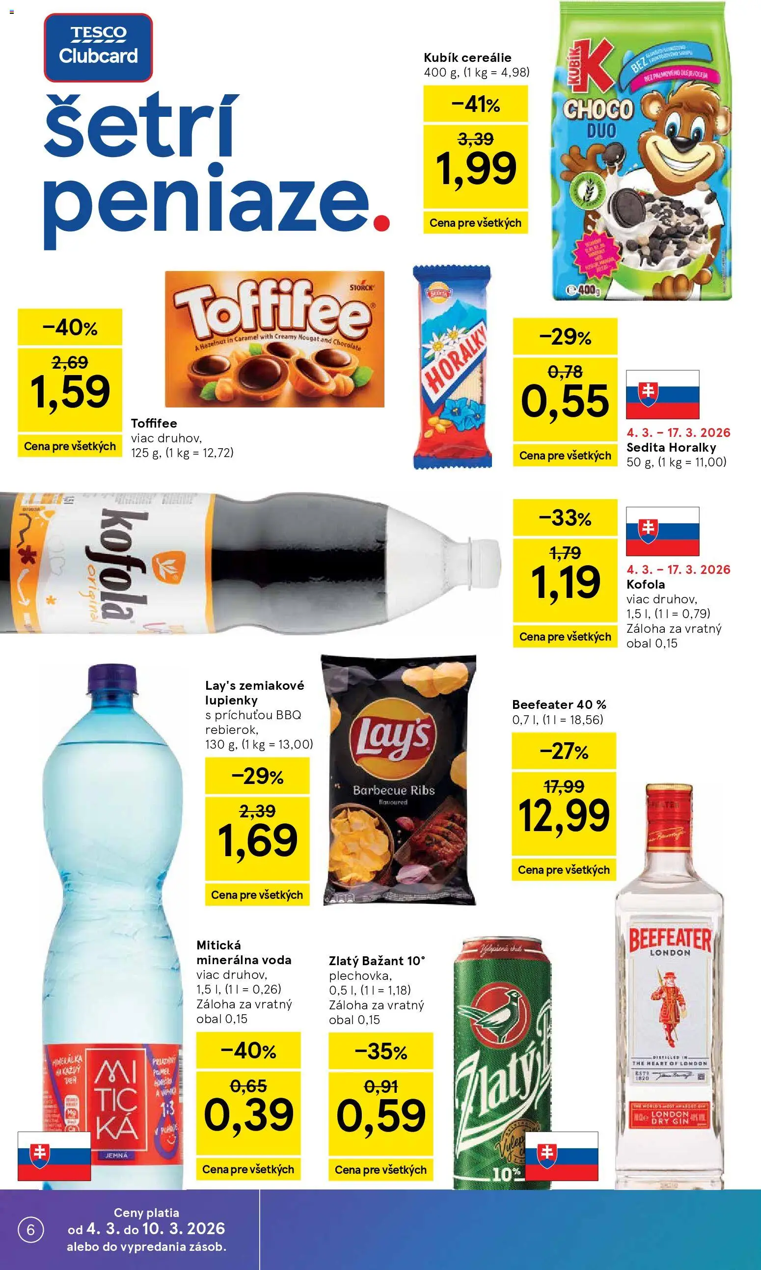 Nové Tesco akcie – leták je platný od 04.03.2026 | Strana: 6 | Produkty: Zlatý Bažant, Toffifee, Mitická, Horálky
