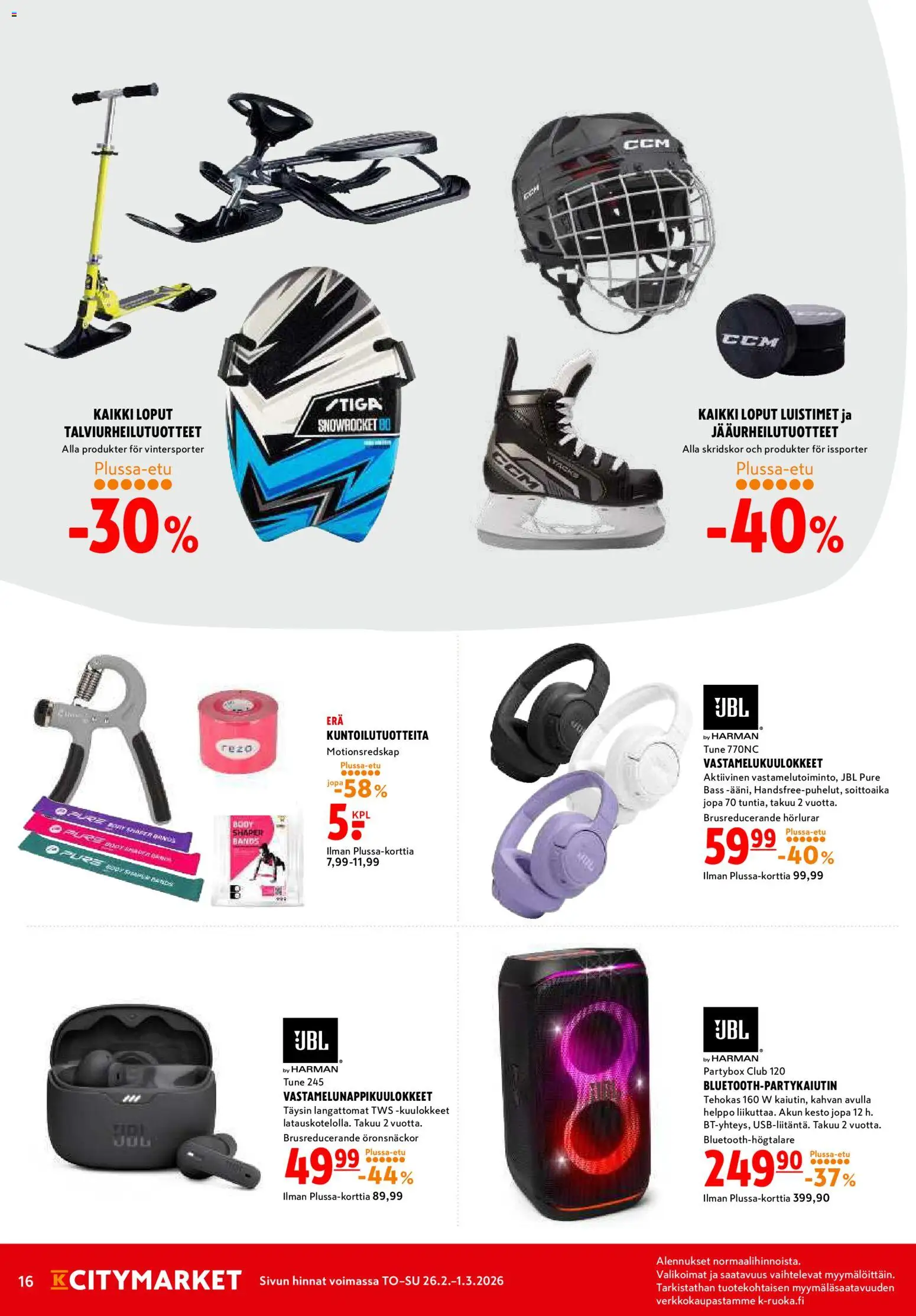 K-Citymarket tarjoukset – voimassa 26.02.2026 alkaen | Sivu: 16 | Tuotteet: Luistimet, Vastamelukuulokkeet, Kuulokkeet