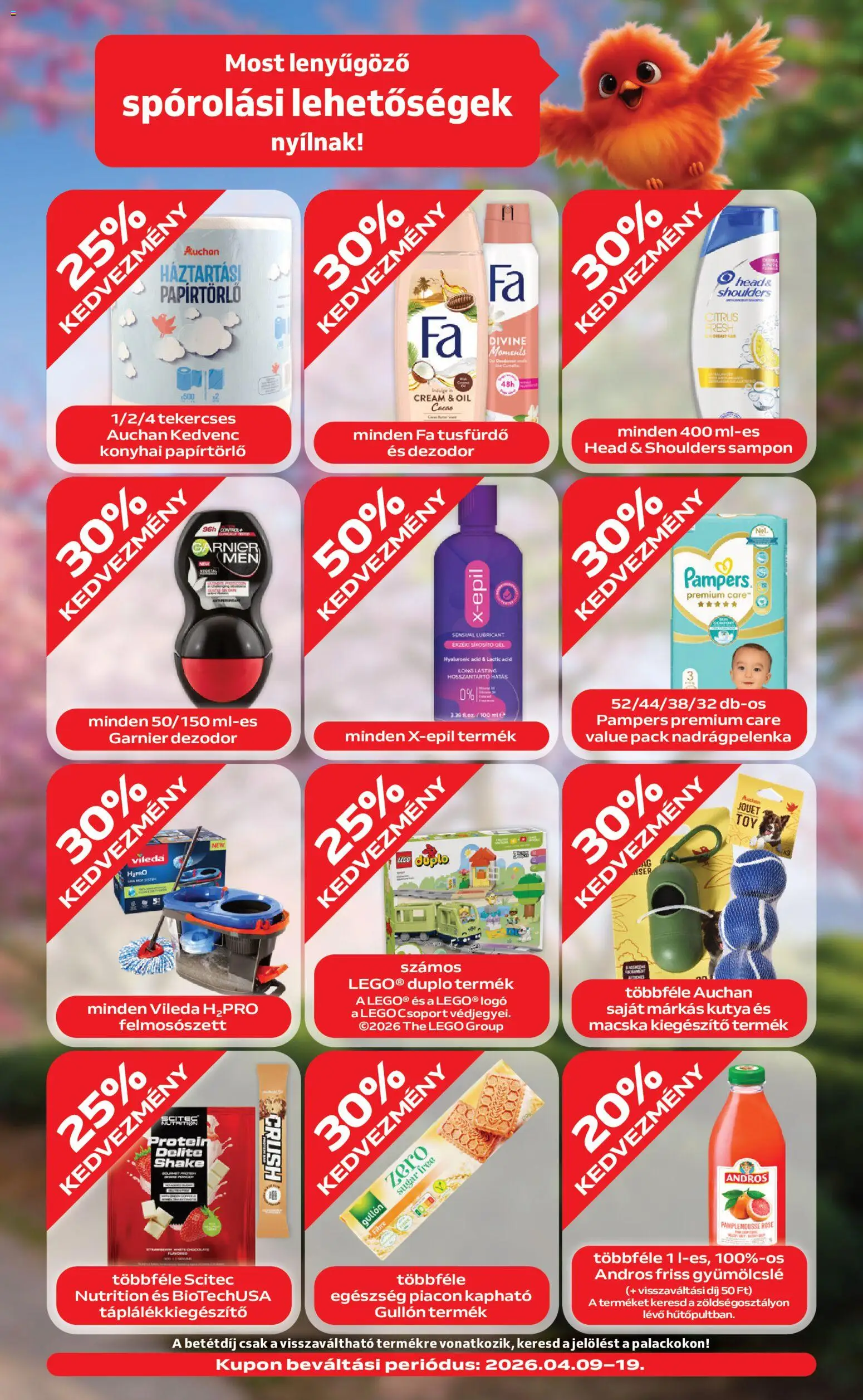 Auchan akciós ujság - amely érvényes a következő dátumtól: 09.04.2026 | Oldal: 3 | Termékek: Papírtörlő, Sampon, Dezodor, Vileda
