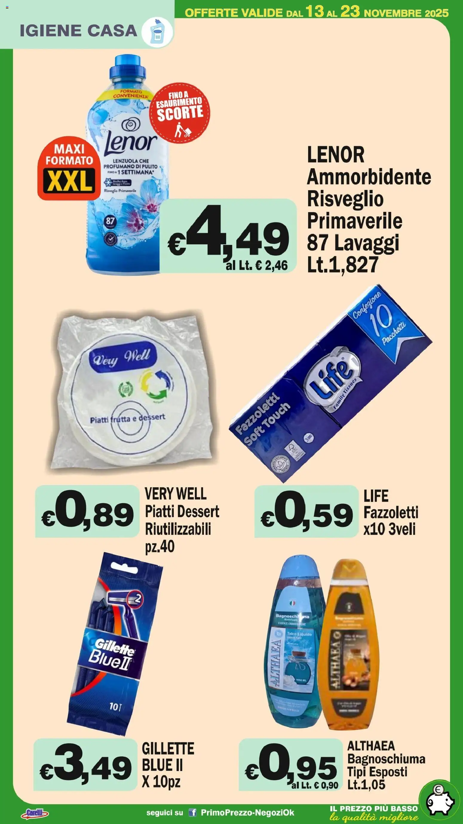 Volantino Primo Prezzo del 13.11.2025 | Pagina: 26 | Prodotti: Bagnoschiuma, Fazzoletti, Talco, Frutta