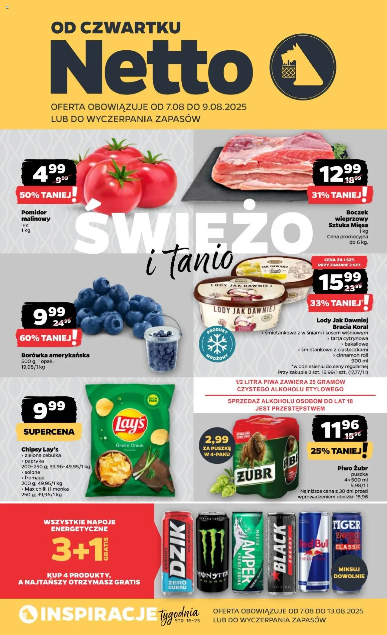 Netto gazetka - Spożywcza od 07.08.2025 | Strona: 1 | Produkty: Chipsy, Napoje, Boczek, Piwo
