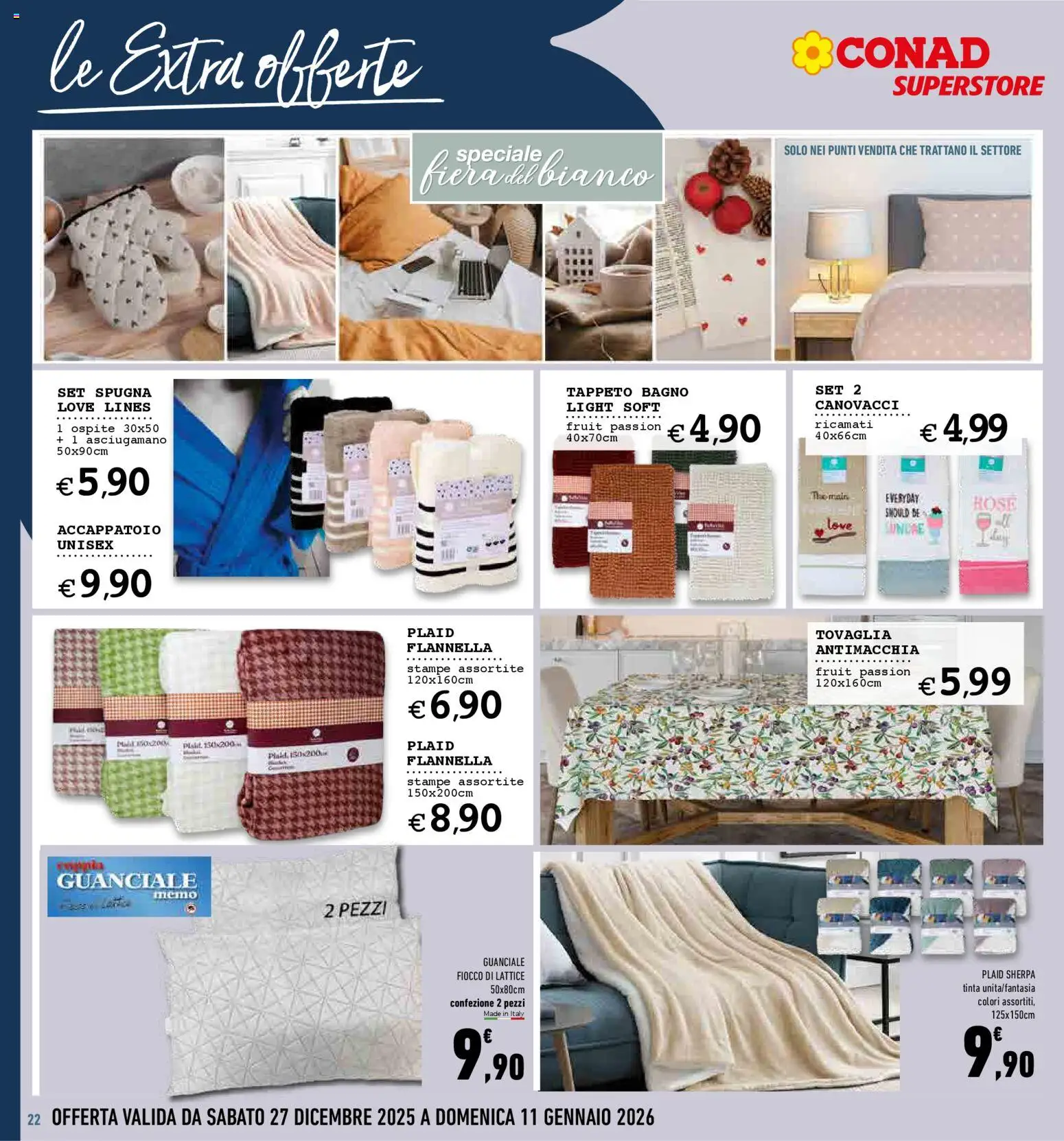 Volantino Conad del 27.12.2025 | Pagina: 22 | Prodotti: Spugna, Asciugamano, Tappeto, Guanciale