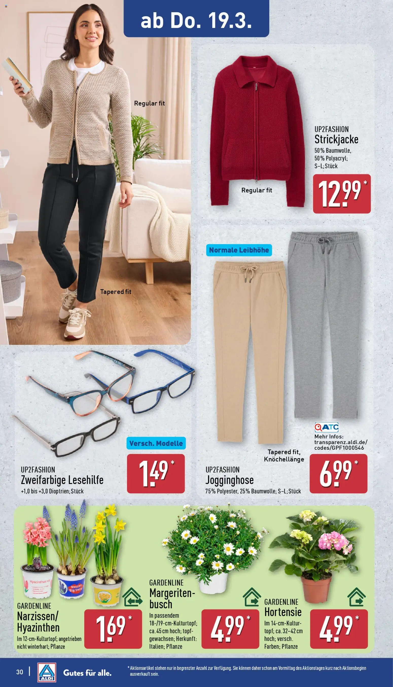 Aldi Prospekt 	 – gültig ab 16.03.2026 | Seite: 30 | Produkte: Jogginghose, Hortensie, Up2fashion, Strickjacke