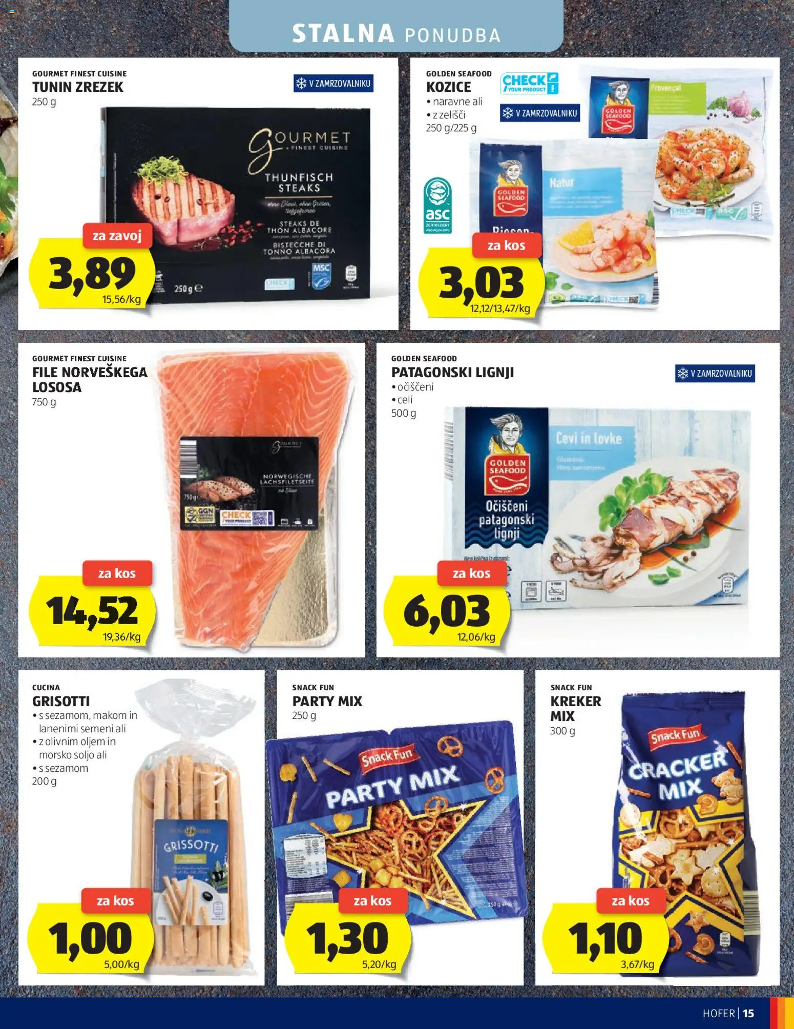 Novi Hofer katalog ponudbe – veljaven od 22.04.2026 | Stran: 15 | Izdelki: Lignji, Kozice, Tuna, Kos