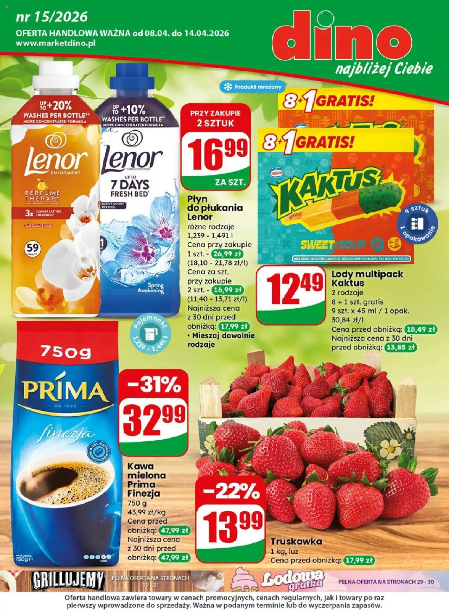 Dino gazetka od 08.04.2026 | Strona: 1 | Produkty: Kawa mielona Prima, Kawa, Płyn do płukania Lenor, Lody