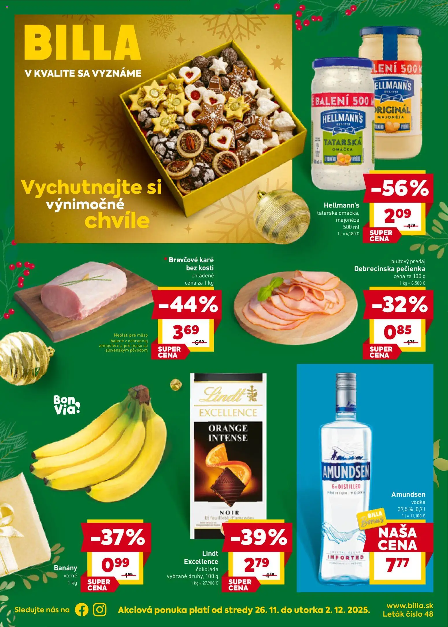 Nové Billa akcie – leták je platný od 26.11.2025 | Strana: 1 | Produkty: Lindt, Vodka, Tatárska omáčka, Amundsen vodka