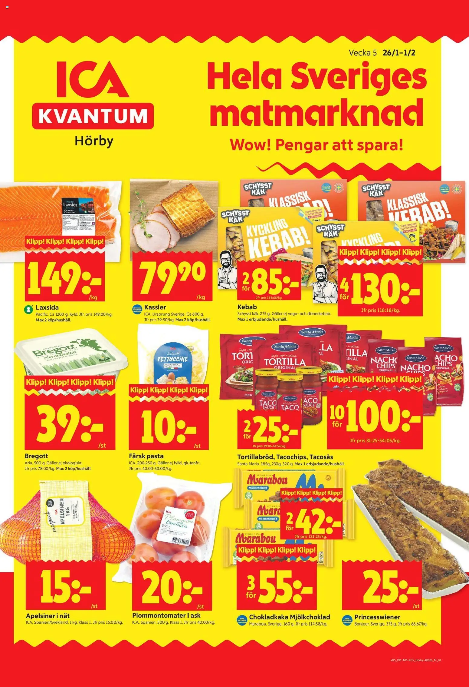 ICA Kvantum reklamblad aktuell från 26.01.2026 | Sida: 1 | Produkter: Galler, Chips, Apelsiner, Pasta