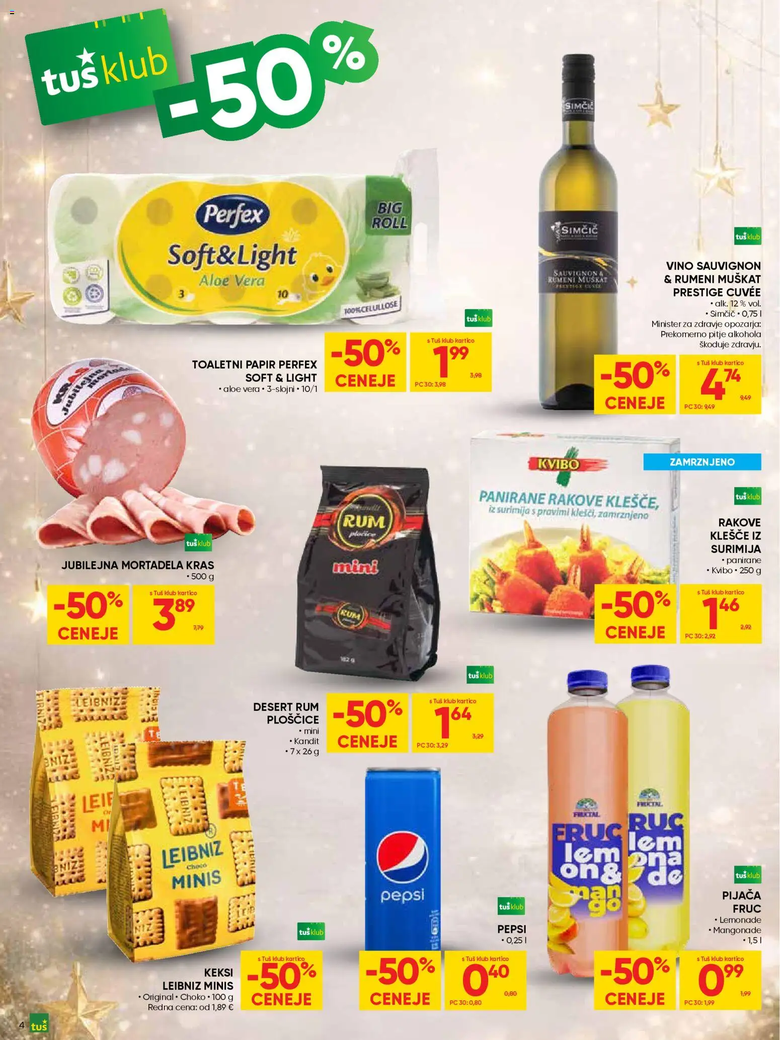 Novi Tuš katalog ponudbe – veljaven od 30.12.2025 | Stran: 4 | Izdelki: Keksi, Mortadela, Toaletni papir, Vino