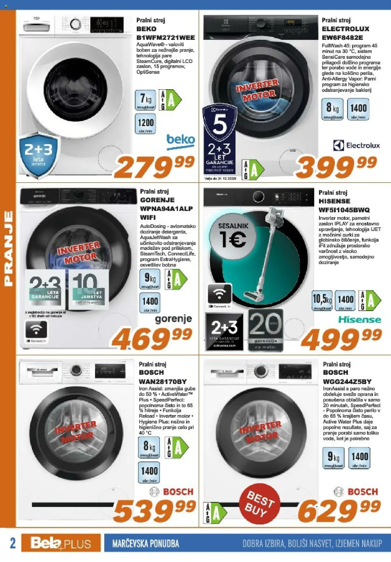 Novi Bela plus katalog ponudbe – veljaven od 01.03.2026 | Stran: 2 | Izdelki: Pralni stroj, Sesalnik