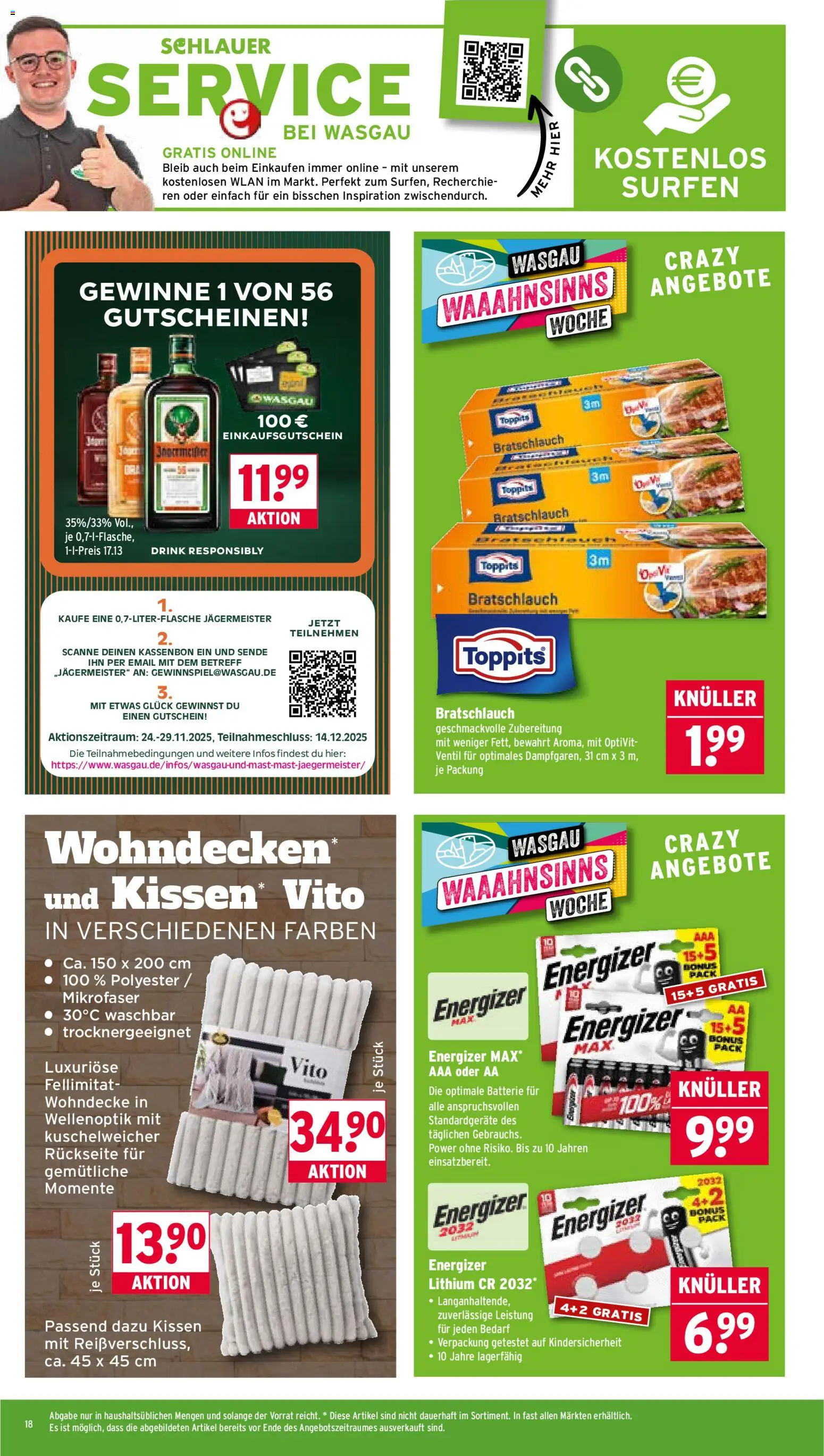 Wasgau Prospekt 	 – gültig ab 24.11.2025 | Seite: 18 | Produkte: Kissen, Batterie, Jägermeister