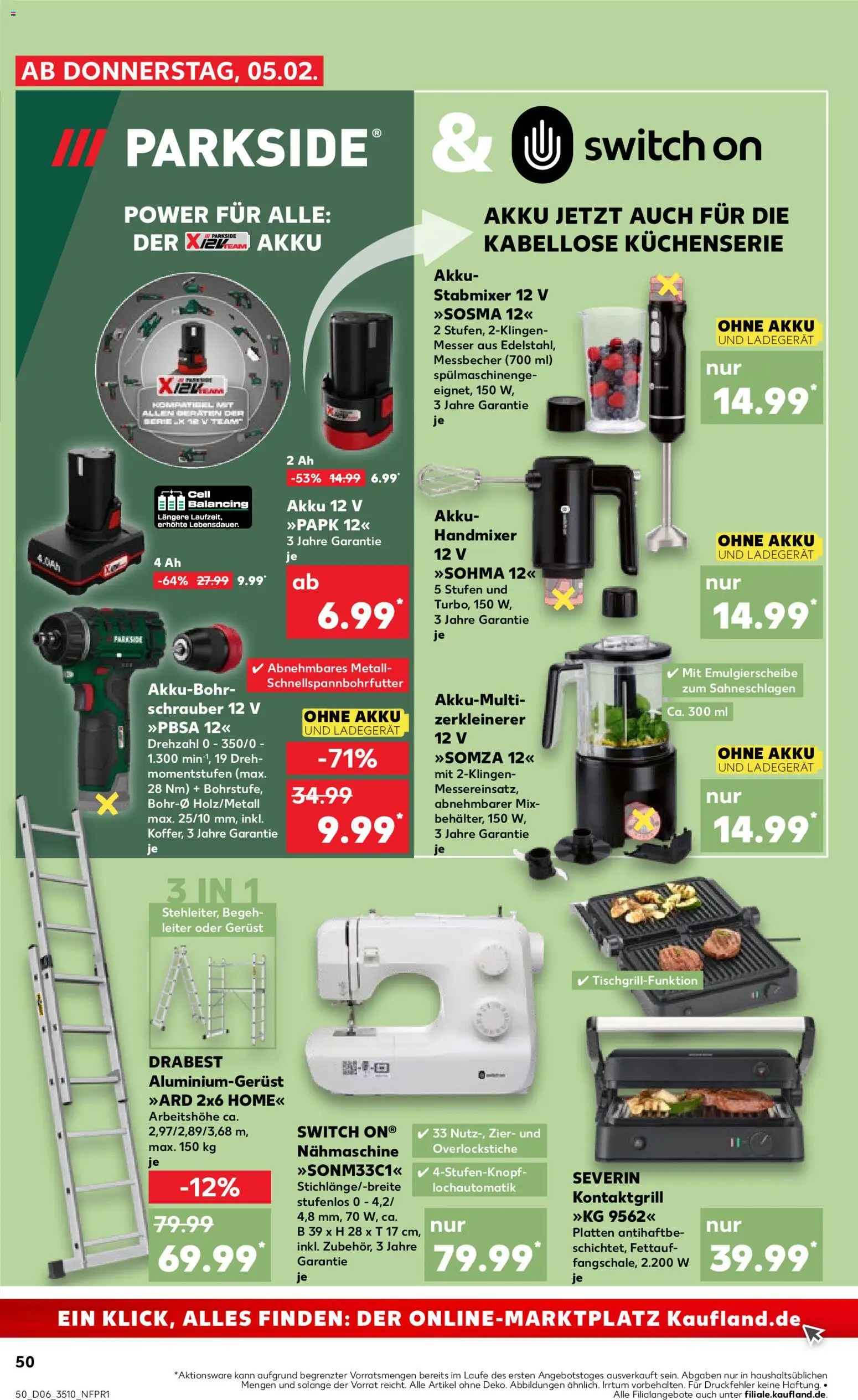 Kaufland prospekt Zeitz	 – gültig ab 05.02.2026 | Seite: 50 | Produkte: Grill, Nähmaschine, Stabmixer, Ladegerät