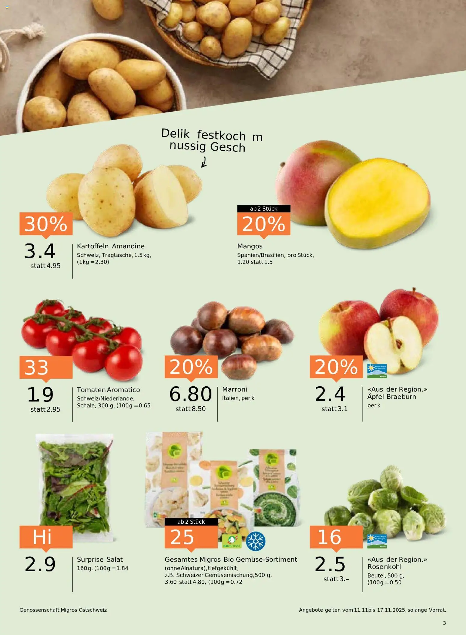 Migros Aktionen – gültig ab 11.11.2025 | Seite: 3 | Produkte: Äpfel, Tomaten, Kartoffeln, Salat
