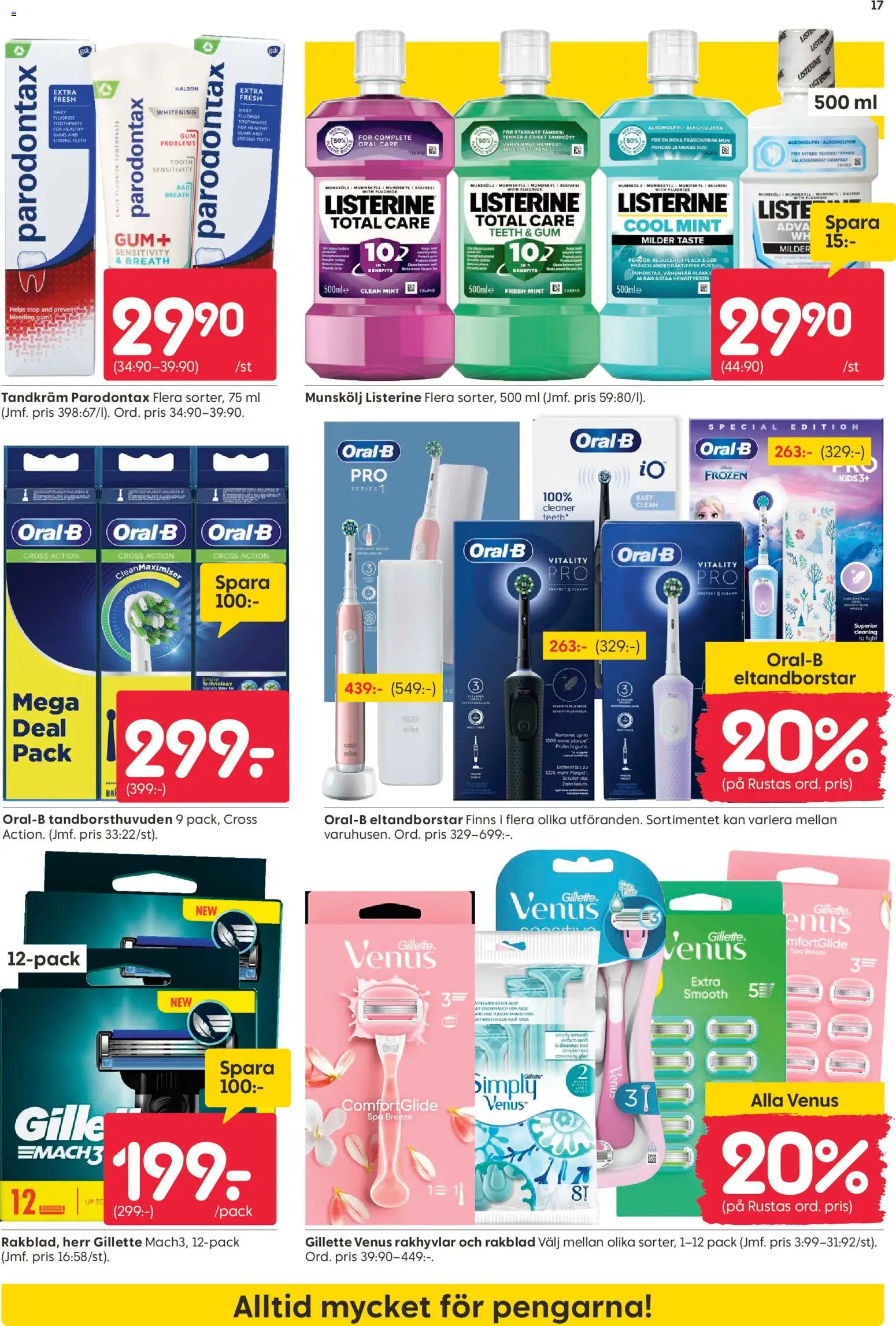 Rusta reklamblad aktuell från 20.04.2026 | Sida: 17 | Produkter: Munskölj, Tandkräm, Rakblad