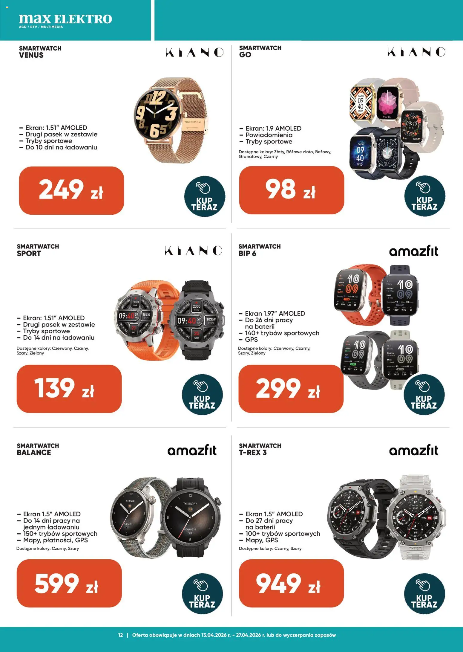 Max elektro gazetka od 13.04.2026 | Strona: 12 | Produkty: Pasek, Smartwatch