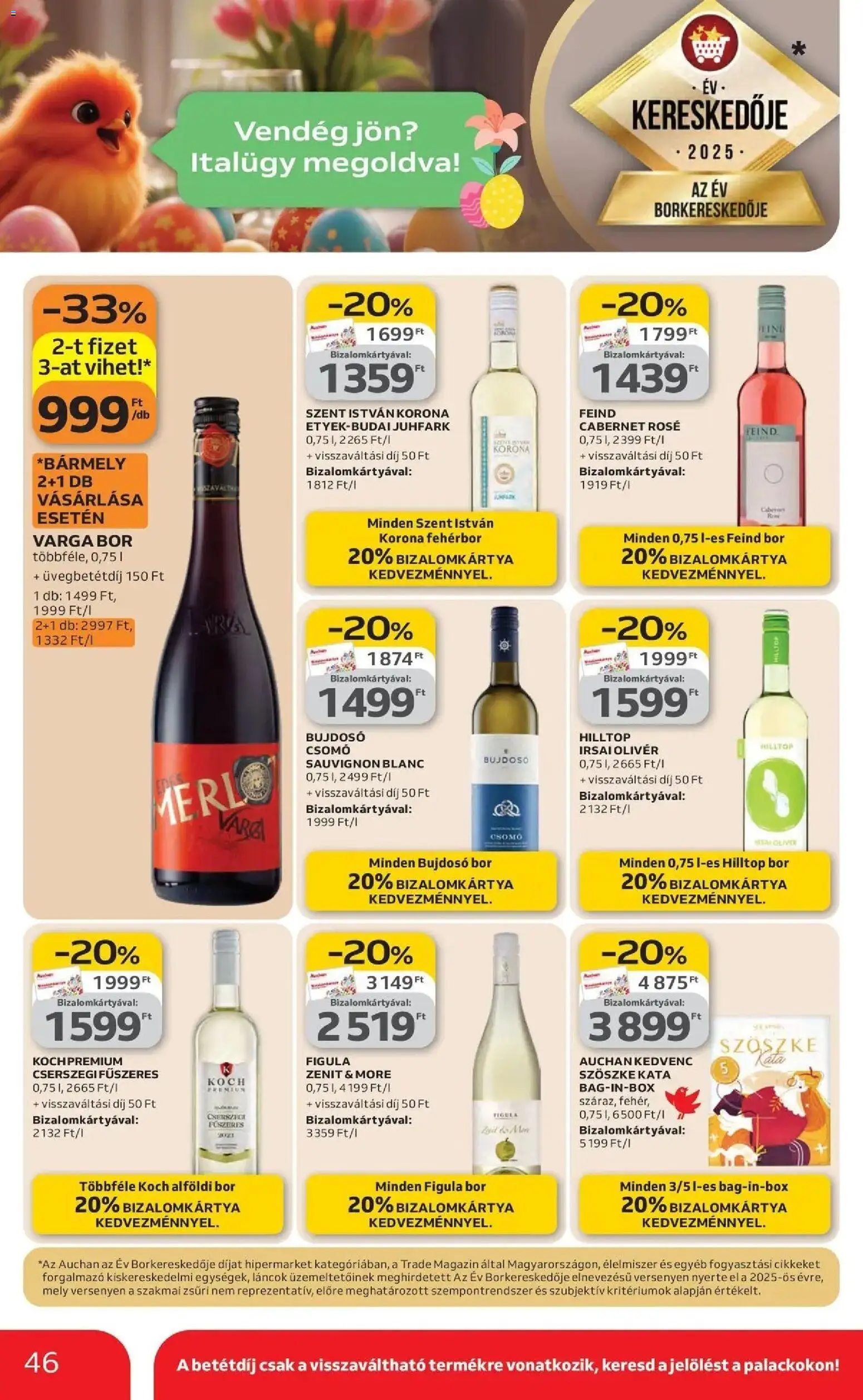 Auchan akciós ujság - amely érvényes a következő dátumtól: 19.03.2026 | Oldal: 46 | Termékek: Bor, Fehérbor