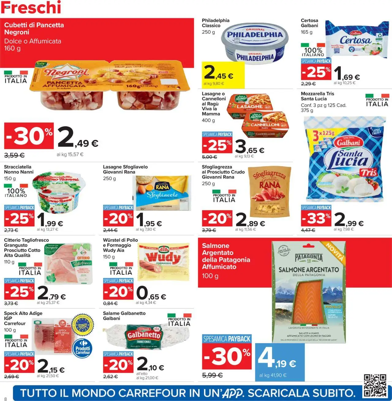 Volantino Carrefour del 20.10.2025 | Pagina: 8 | Prodotti: Pollo, Salmone, Pancetta, Stracciatella