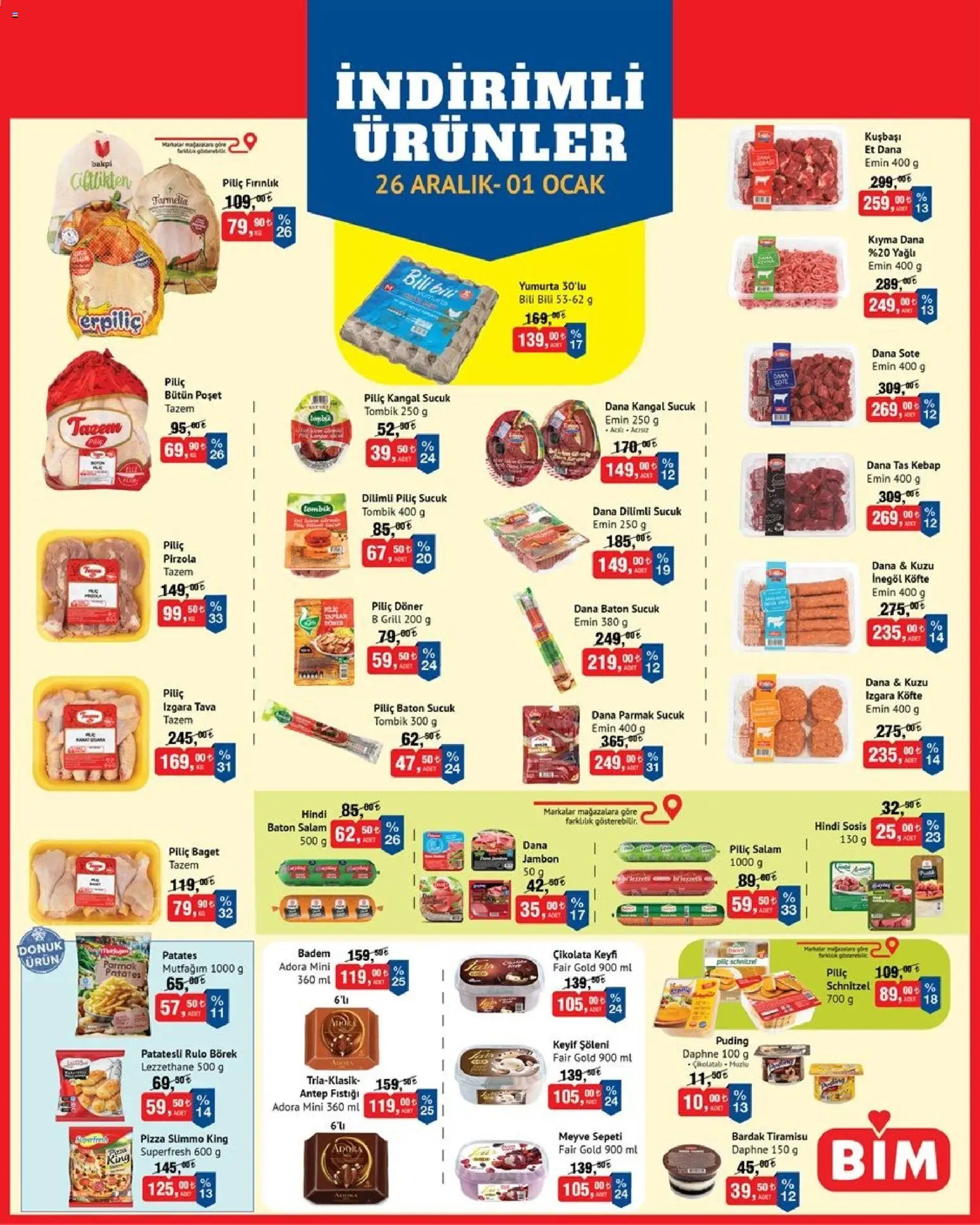 BİM İndirimli Ürünler - 26.12.2025 tarihinden itibaren geçerlidir | Sayfa: 1 | Ürünler: Döner, Zselatin, Kıyma, Sucuk