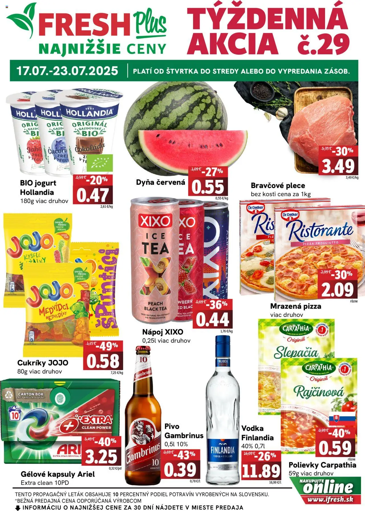 Fresh leták │ platný od 17.07.2025 | Strana: 1 | Produkty: Pizza, Cukríky, Finlandia, Gambrinus