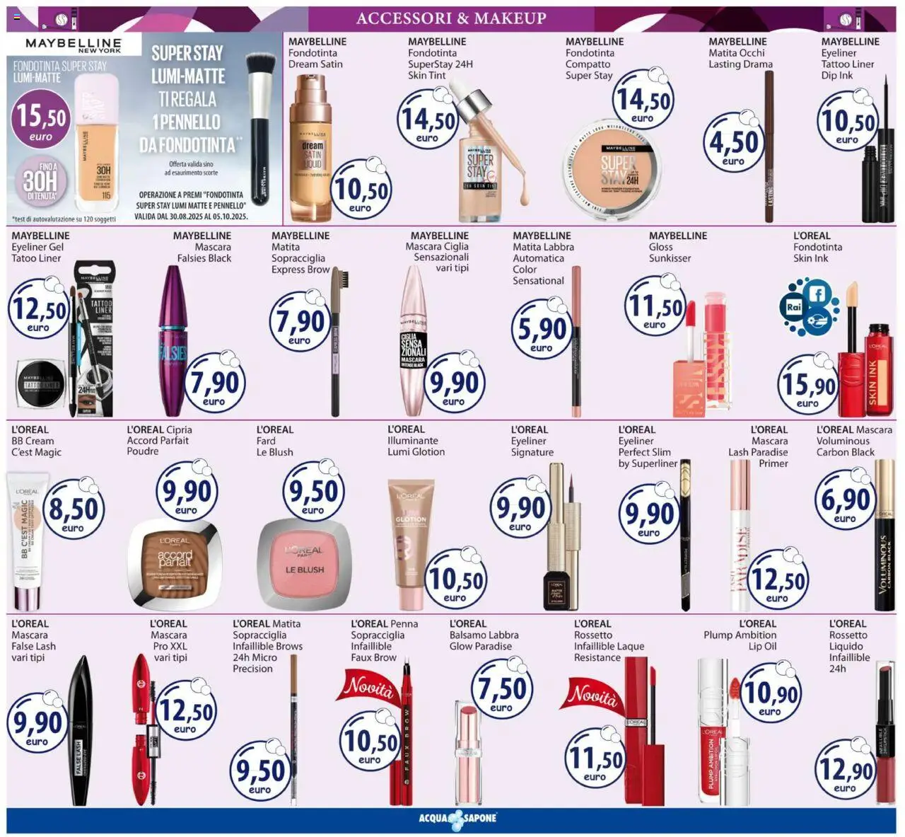 Volantino Acqua e Sapone del 24.09.2025 | Pagina: 4 | Prodotti: Mascara, Fondotinta, Pennello, Cipria