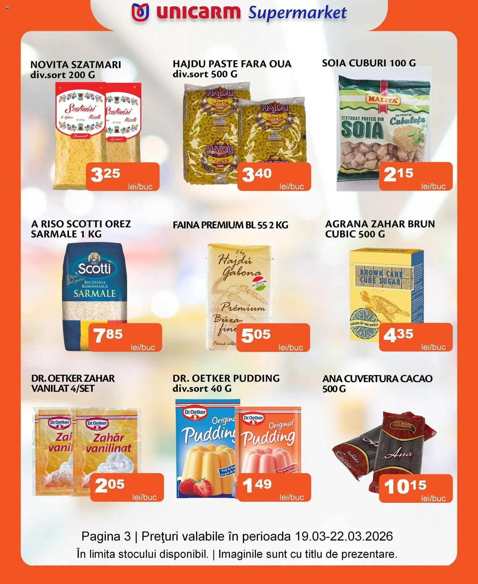 Noul catalog Unicarm – valabil de la 19.03.2026 | Pagină: 3 | Produse: Tabletă, Cuvertură, Făină, Paste