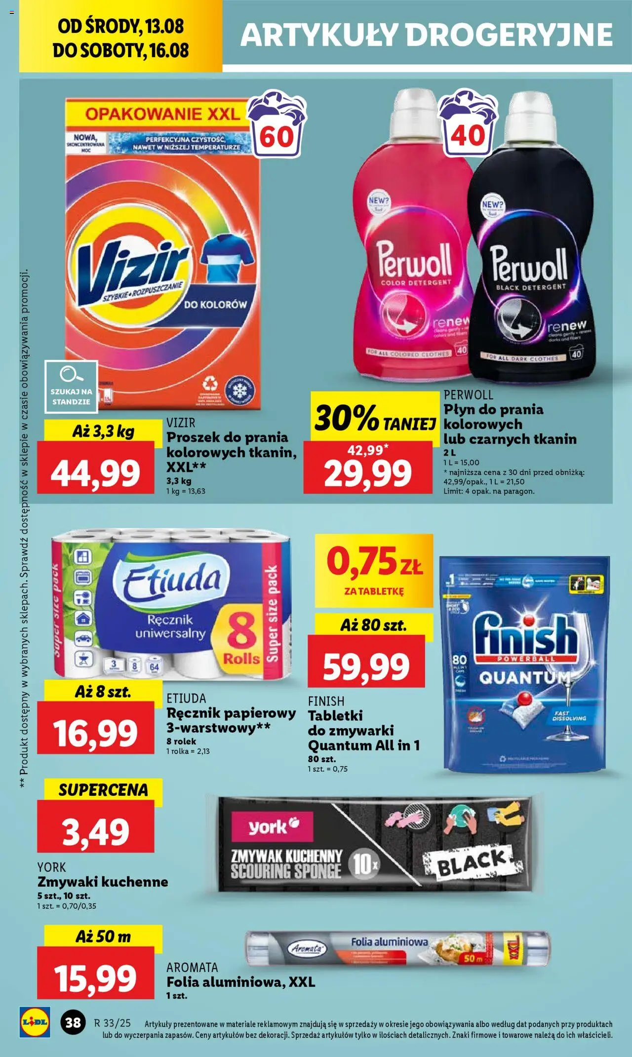 Lidl Gazetka od 13.08.2025 | Strona: 46 | Produkty: Finish, Proszek do prania, Ręcznik papierowy, Tabletki do zmywarki