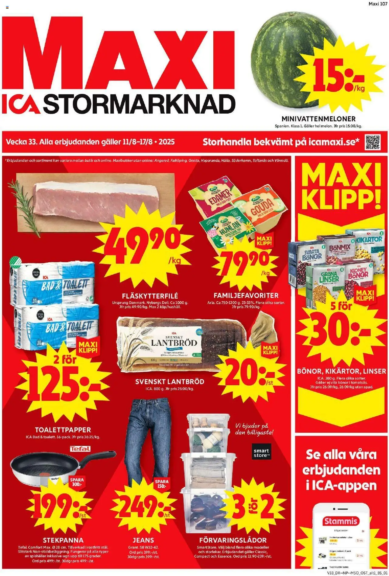 ICA Maxi reklamblad aktuell från 11.08.2025 | Sida: 1 | Produkter: Linser, Ost, Jeans, Bönor
