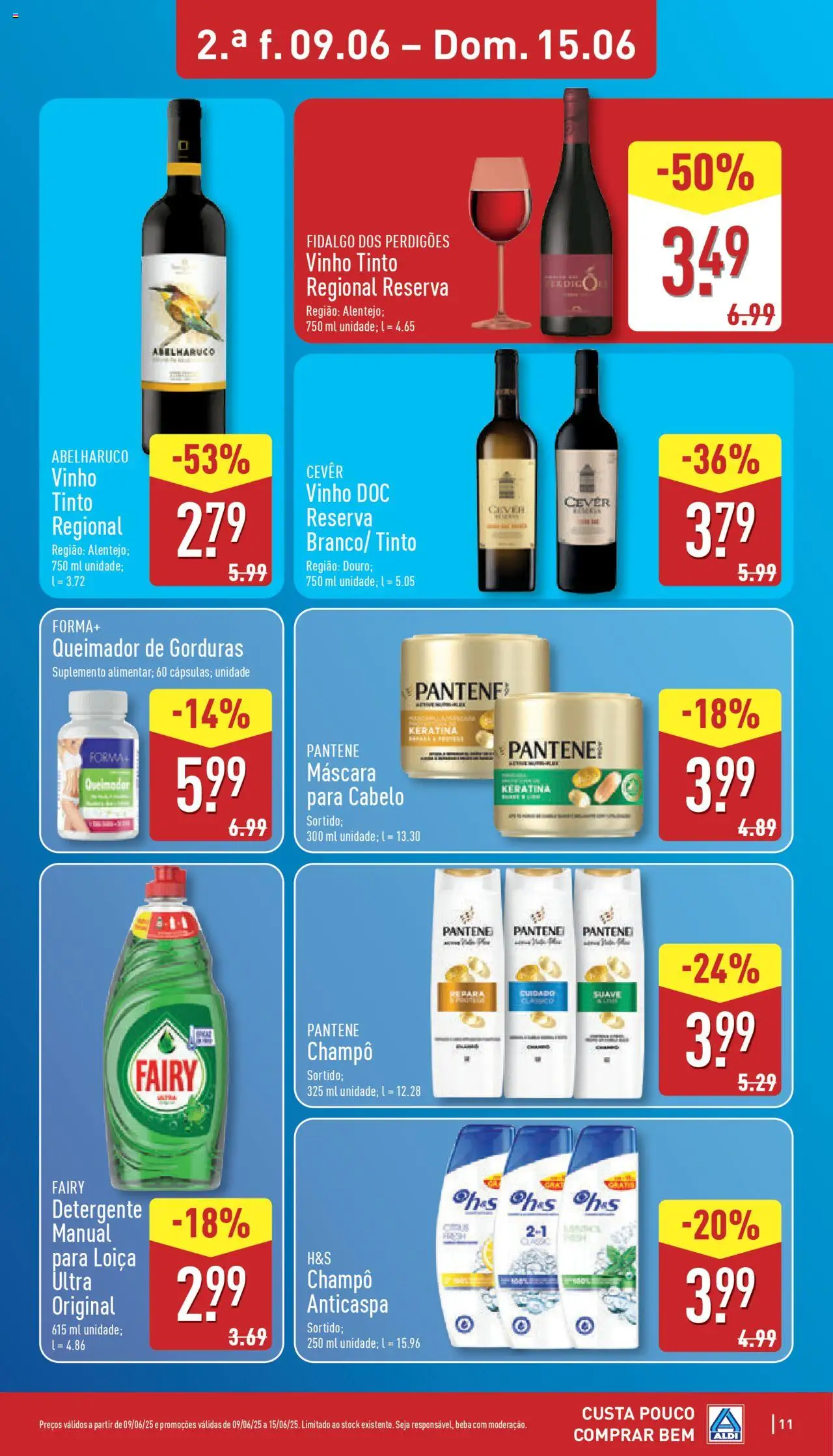 Aldi folheto │ válido de 09.06.2025 | Página: 11 | Produtos: Shampoo, Detergente, Vinho, Vinho tinto