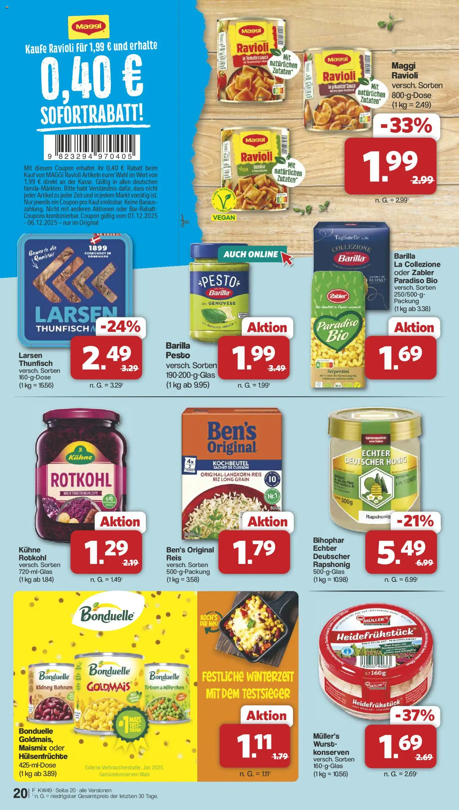 Famila Nordwest Prospekt 	 – gültig ab 01.12.2025 | Seite: 20 | Produkte: Thunfisch, Mars, Wurst, Erbsen
