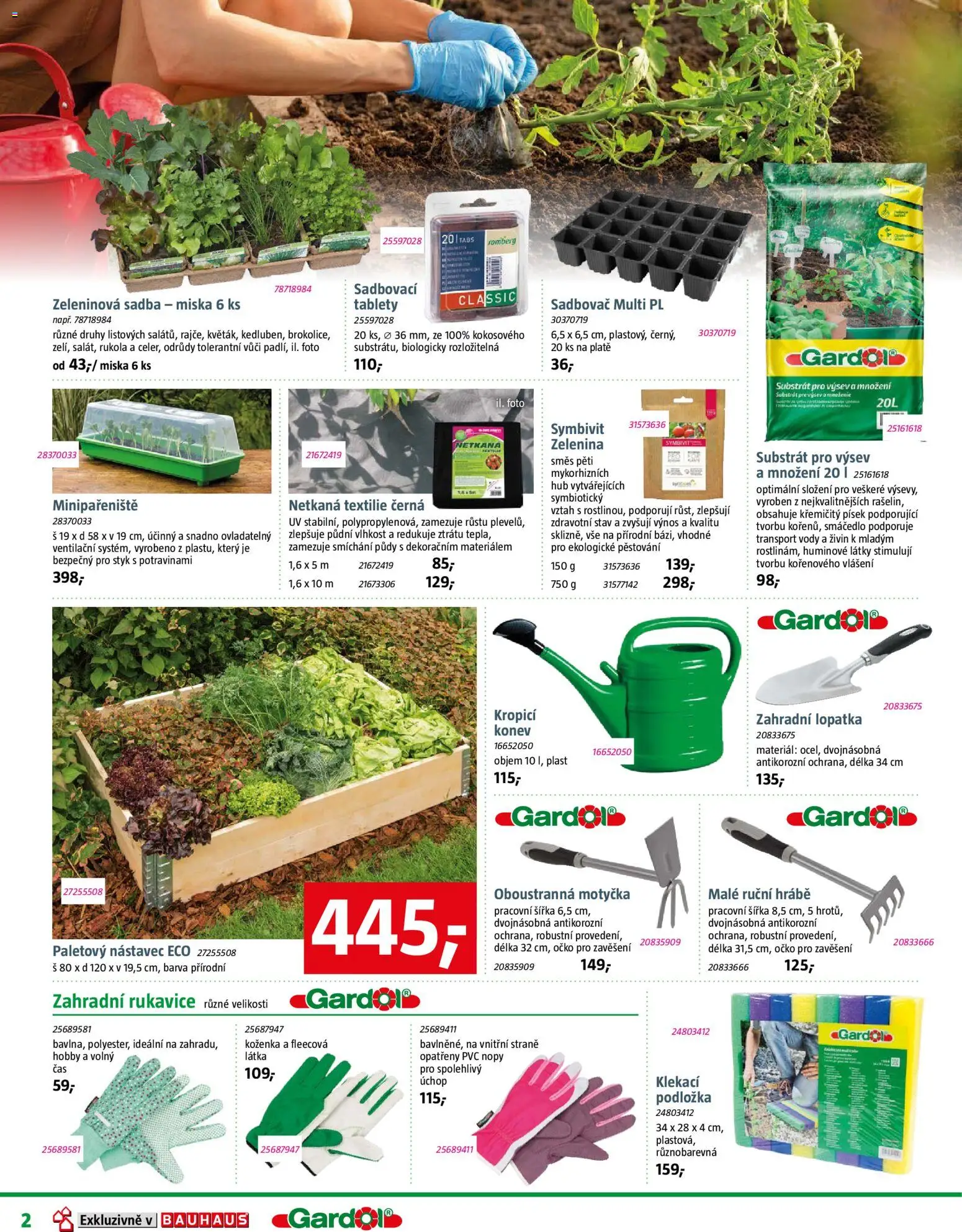 Bauhaus katalog Zahradní centrum od 06.03.2026 | Strana: 2 | Produkty: Zahradní rukavice, Substrát, Lopatka, Hrábě