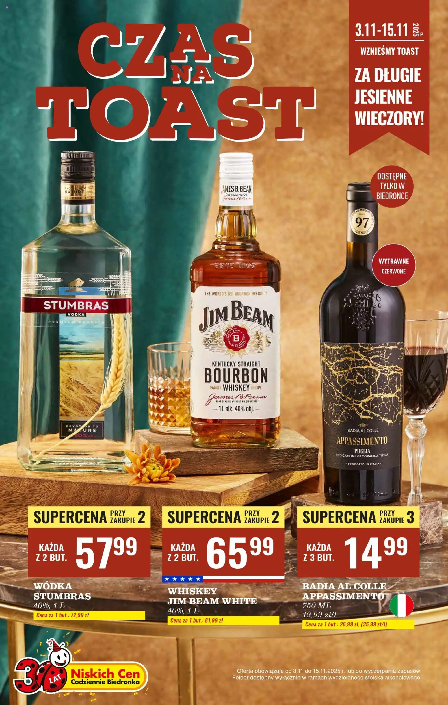 Biedronka gazetka - Czas na toast od 03.11.2025 | Strona: 1 | Produkty: Bourbon, Wódka Stumbras, Vodka, Wódka