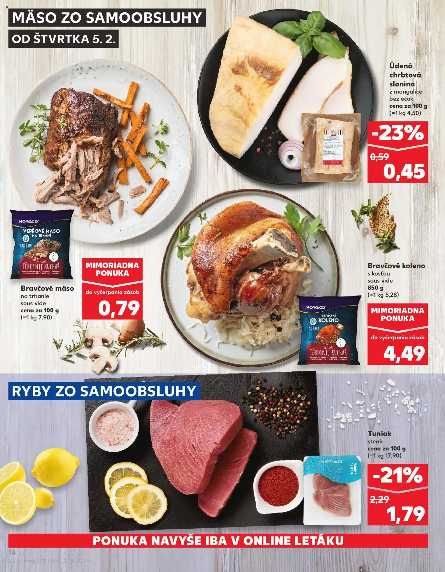 Nové Kaufland akcie – leták je platný od 05.02.2026 | Strana: 14 | Produkty: Ryby, Slanina, Bravčové mäso, Steak