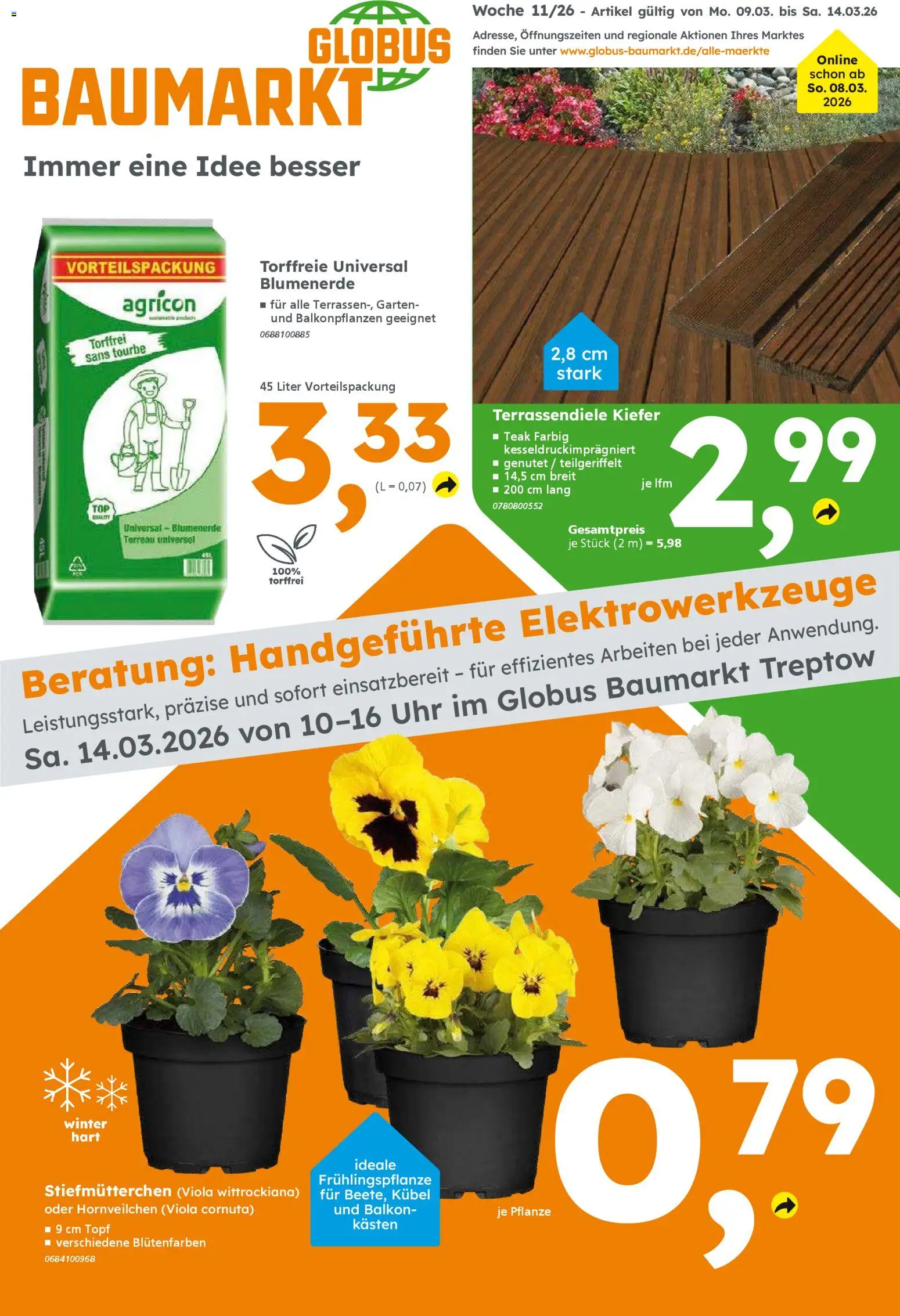 Globus Baumarkt Prospekt Berlin-Treptow	 – gültig ab 09.03.2026 | Seite: 1 | Produkte: Stiefmutterchen, Blumenerde, Uhr