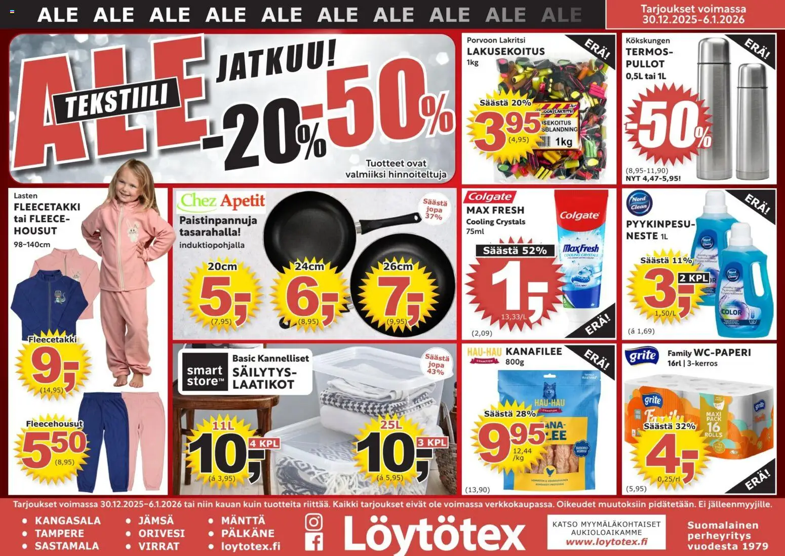 Löytötex tarjoukset – voimassa 30.12.2025 alkaen | Sivu: 1 | Tuotteet: Kanafilee, Housut, Lakritsi