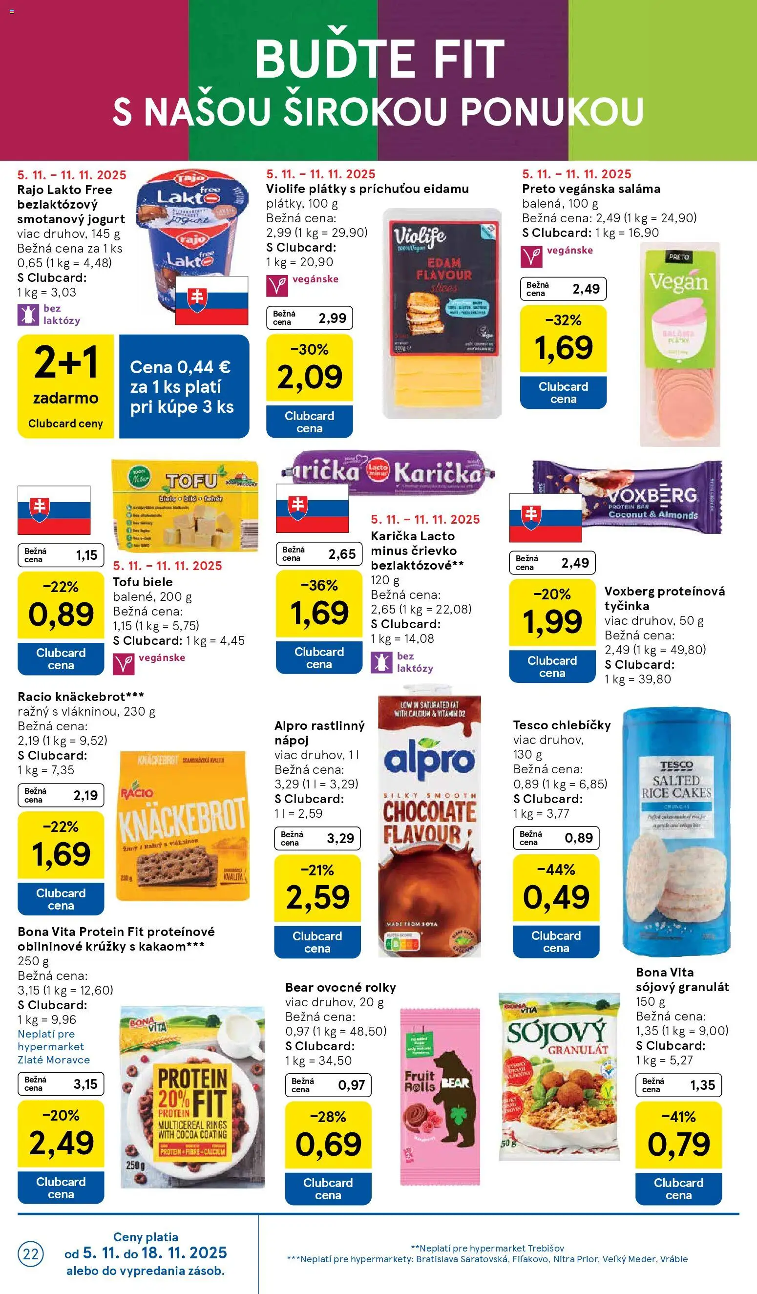 Nové Tesco akcie – leták je platný od 05.11.2025 | Strana: 22 | Produkty: Saláma, Tofu, Protein, Alpro