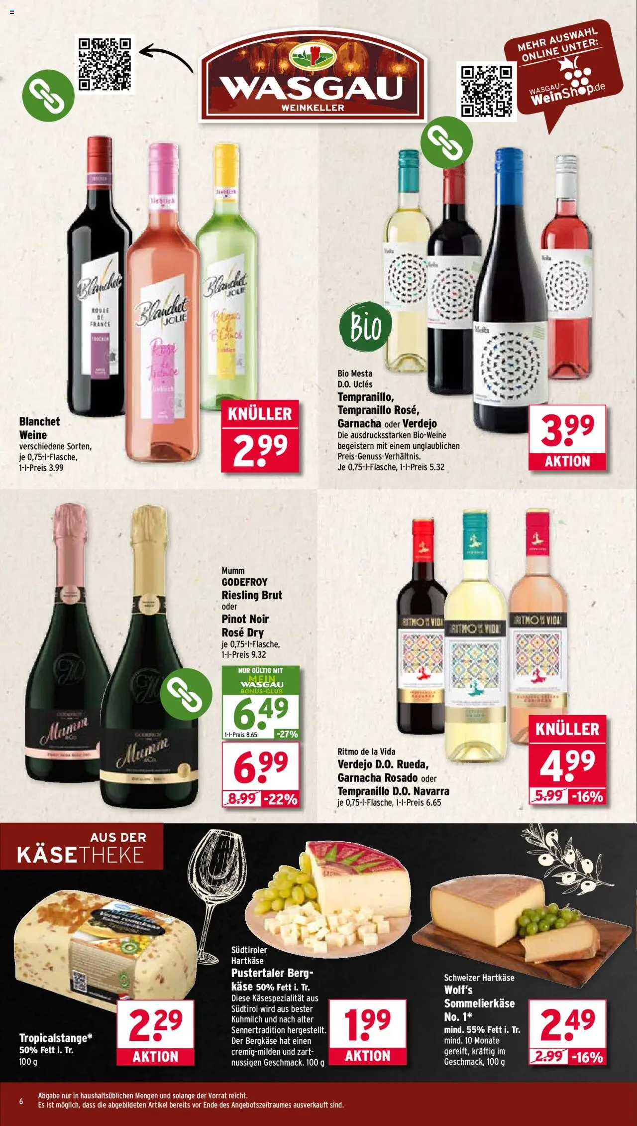 Wasgau Prospekt 	 - gültig ab dem 25.08.2025 | Seite: 6 | Produkte: Käse, Wein