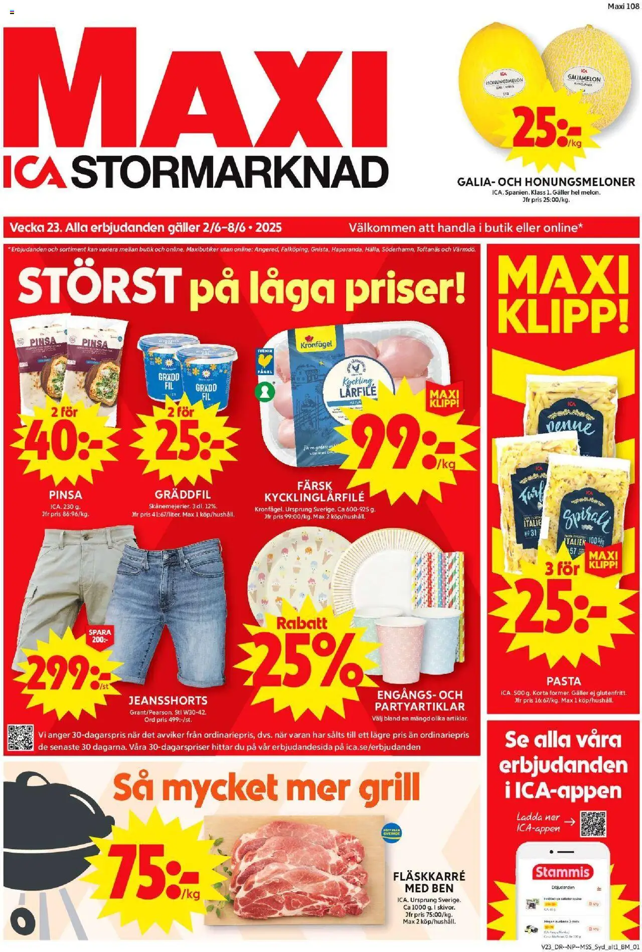 ICA Maxi reklamblad aktuell från 02.06.2025 | Sida: 1 | Produkter: Honungsmelon, Galler, Gräddfil, Pasta