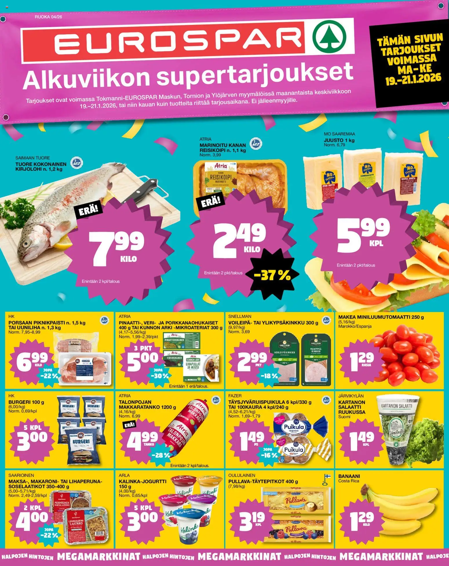 Tokmanni - EUROSPAR – voimassa 19.11.2026 alkaen | Sivu: 1 | Tuotteet: Kirjolohi, Makkara, Laatikko, Kinkku